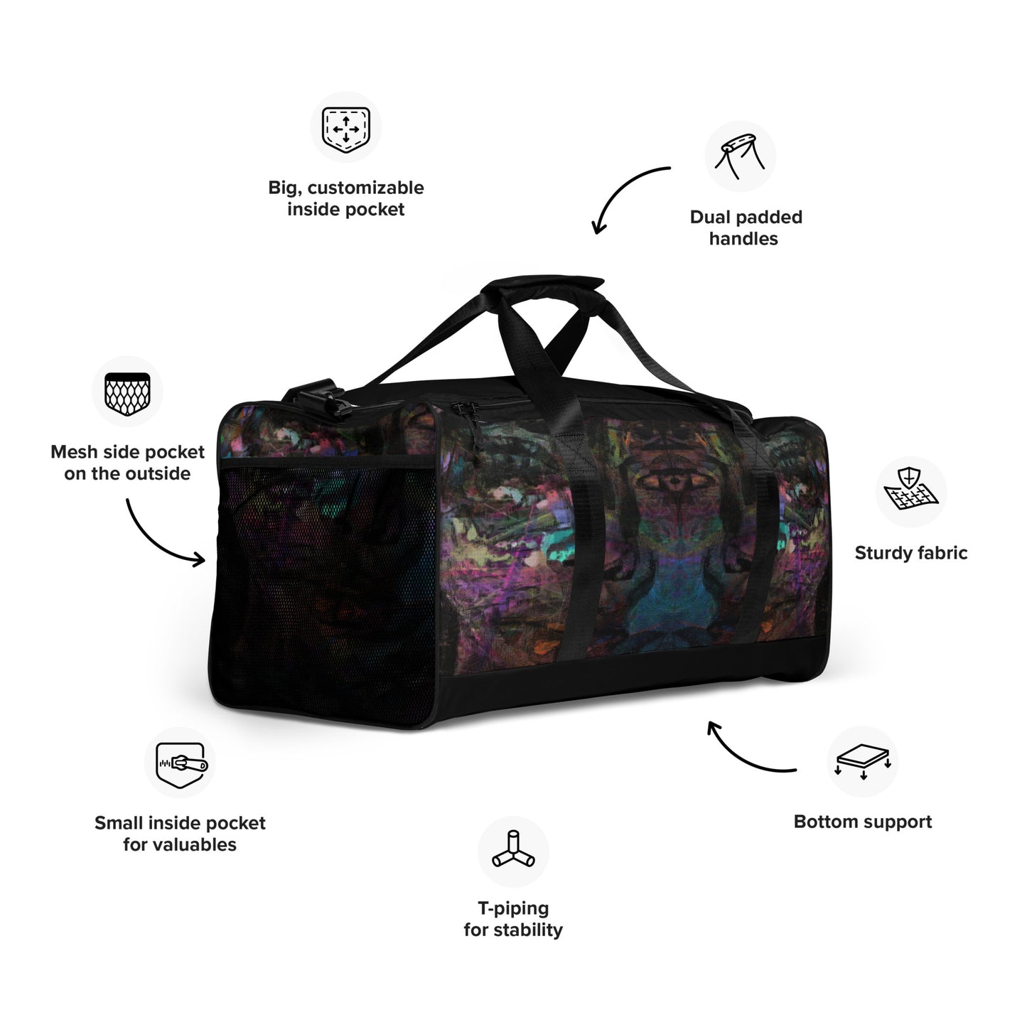 Hipyfi Chromatic Dreams Duffle Bag with bold multicolor abstract all-over print, ideal for gym and travel. Product-info-2