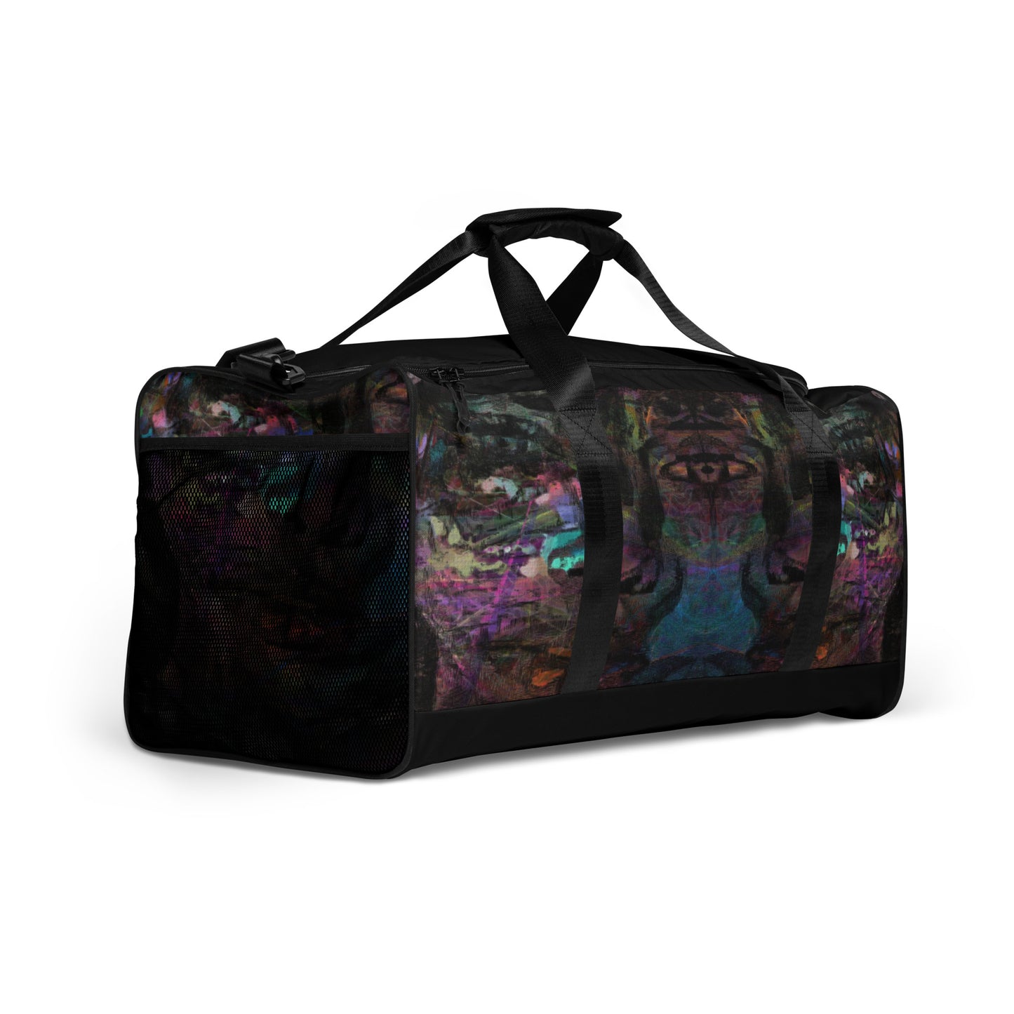 Hipyfi Chromatic Dreams Duffle Bag with bold multicolor abstract all-over print, ideal for gym and travel. right-front