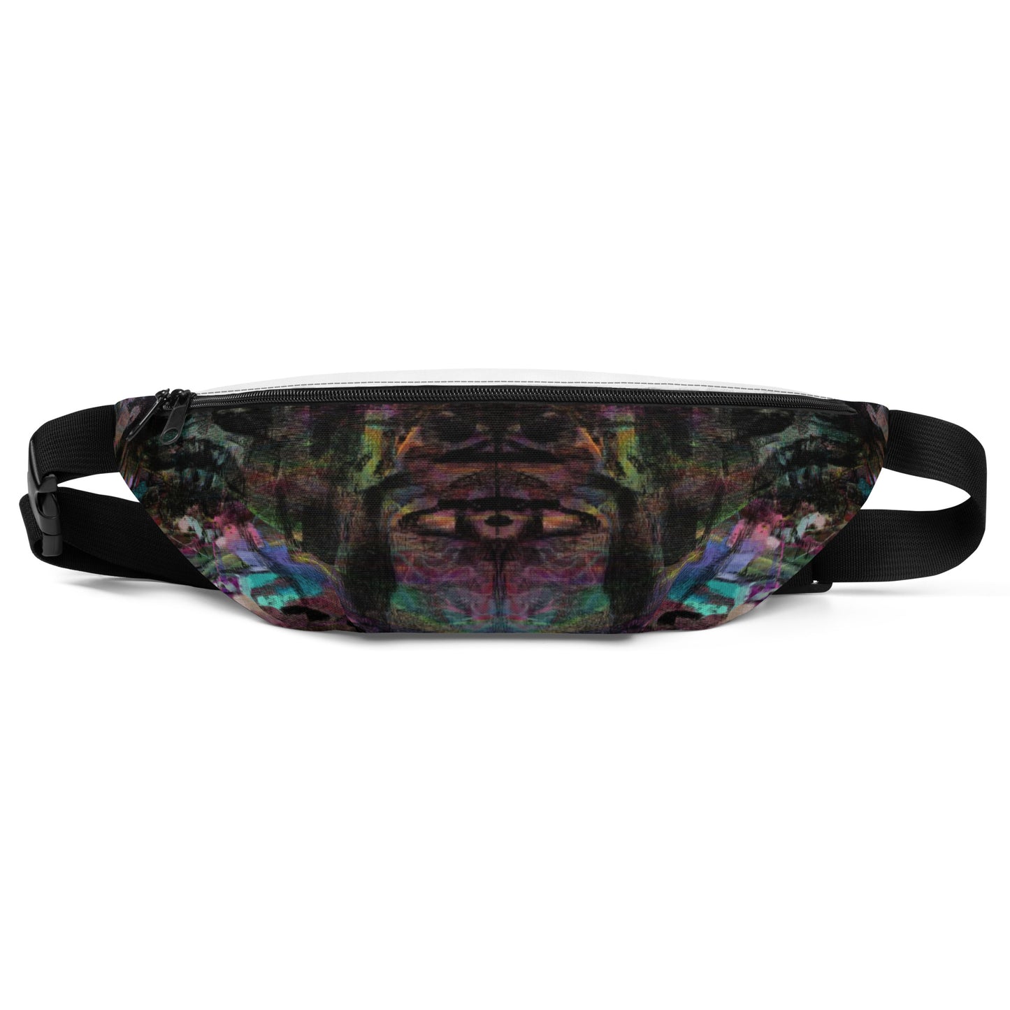 Bold abstract art unisex waist bag in vibrant purple, blue, green, and orange. Adjustable, water-resistant design for festivals, travel, and streetwear. Front-7