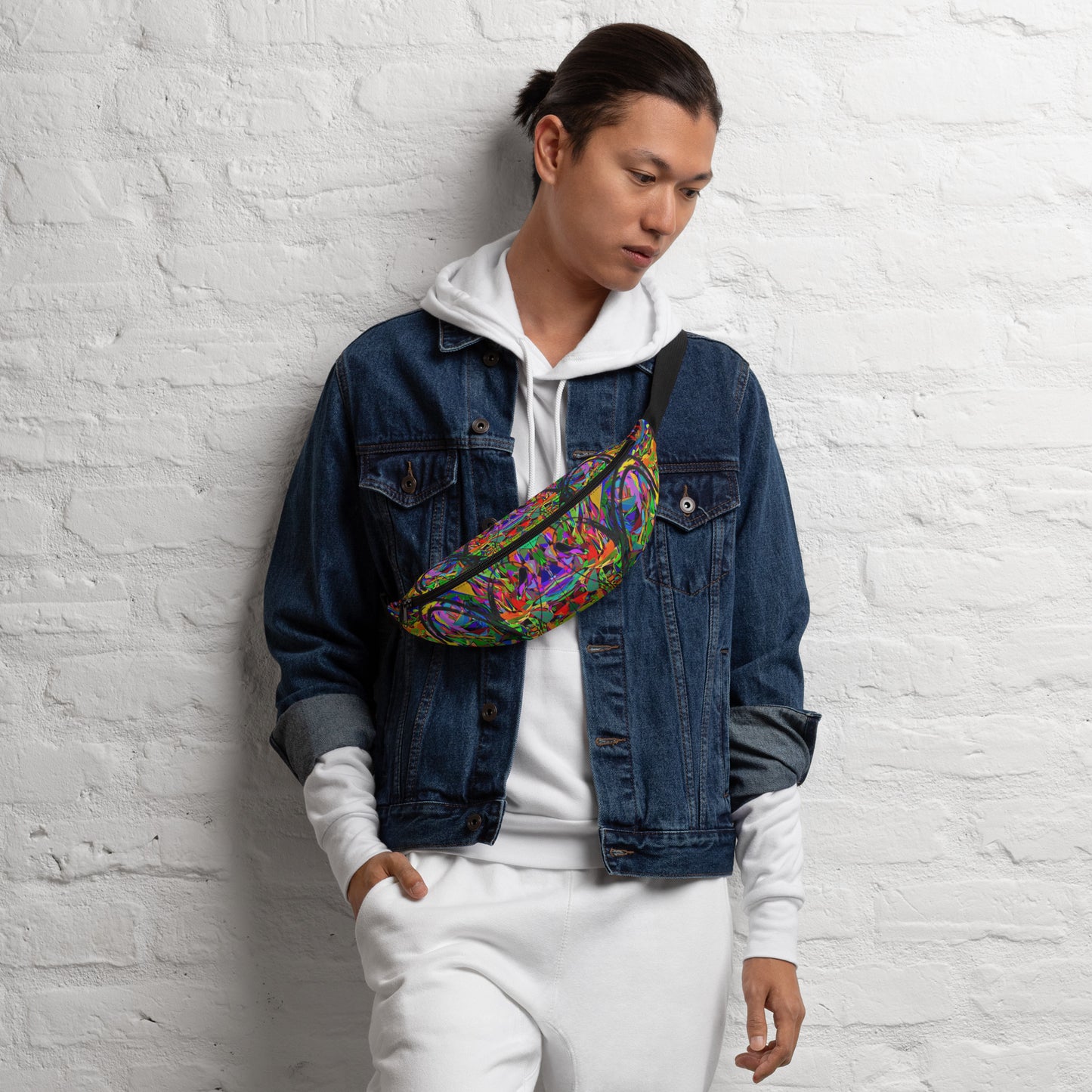 Neon Mythos unisex abstract print fanny pack by Hipyfi – colorful streetwear waist bag with bold neon art design. Front-4
