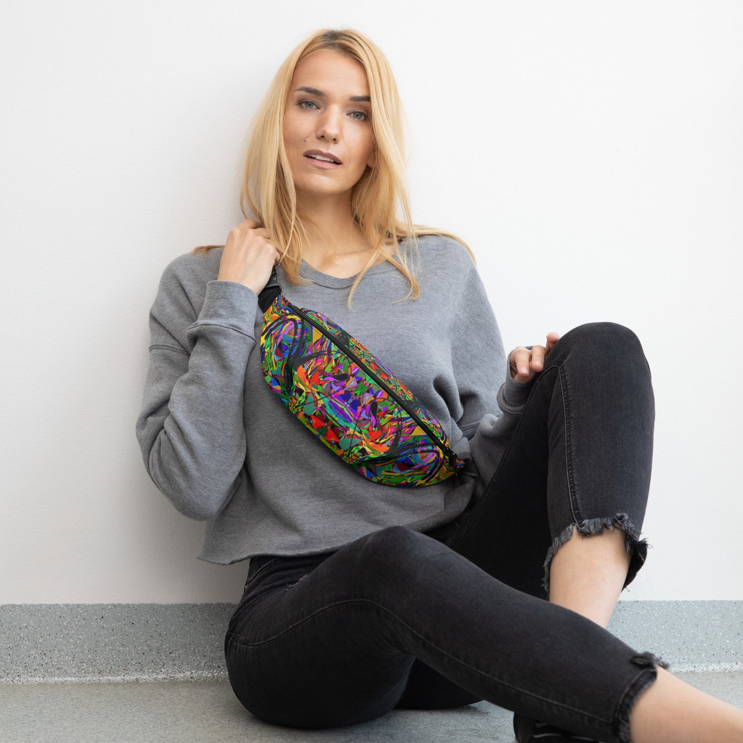 Neon Mythos unisex abstract print fanny pack by Hipyfi – colorful streetwear waist bag with bold neon art design. Front-5