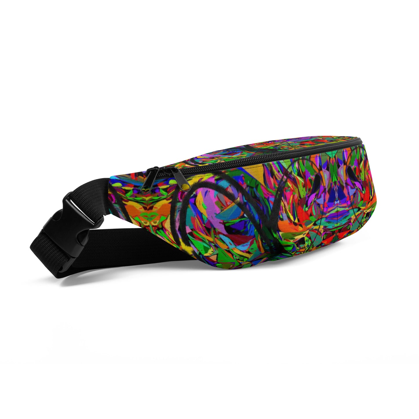 Neon Mythos unisex abstract print fanny pack by Hipyfi – colorful streetwear waist bag with bold neon art design. Front-Left-6