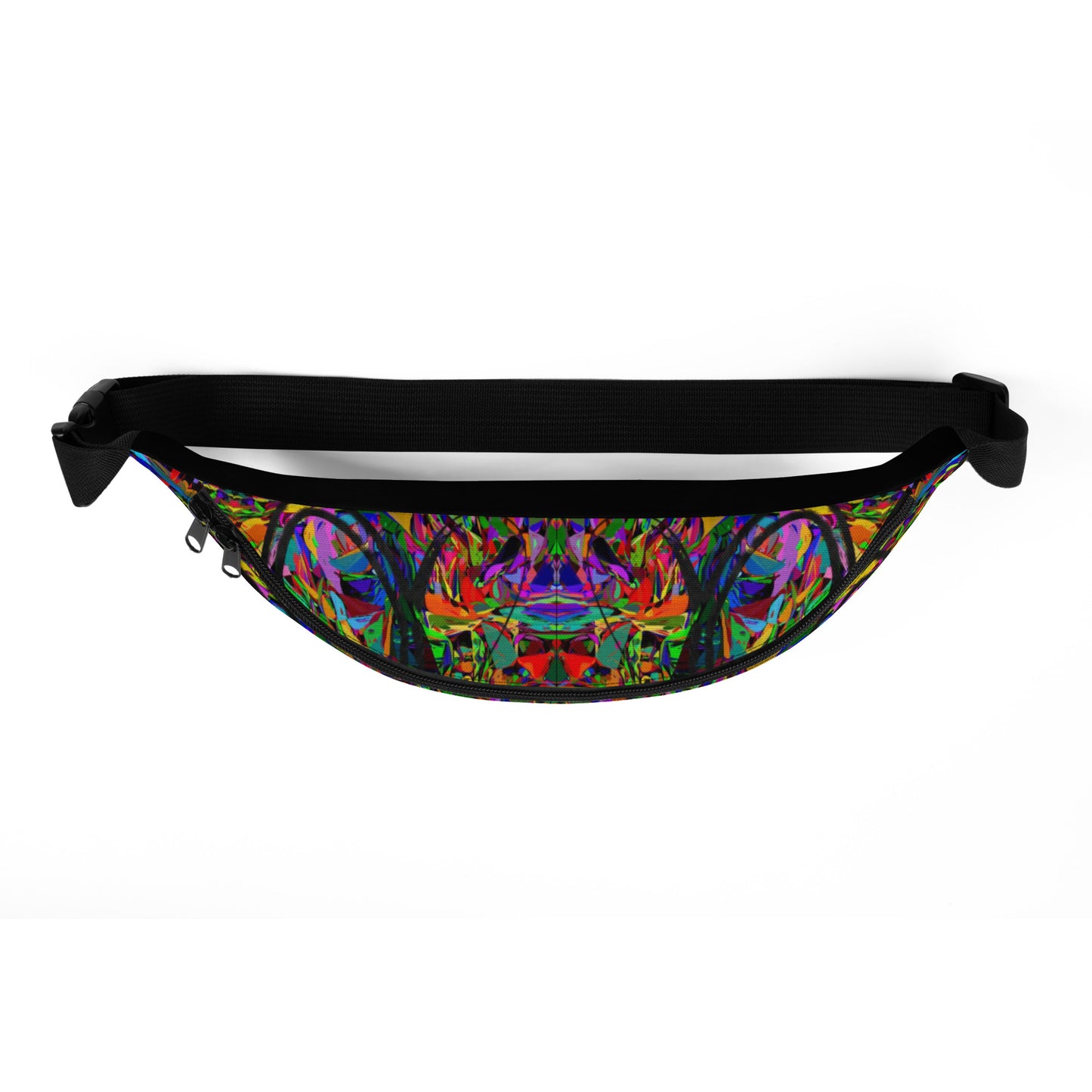 Neon Mythos unisex abstract print fanny pack by Hipyfi – colorful streetwear waist bag with bold neon art design. Top-6
