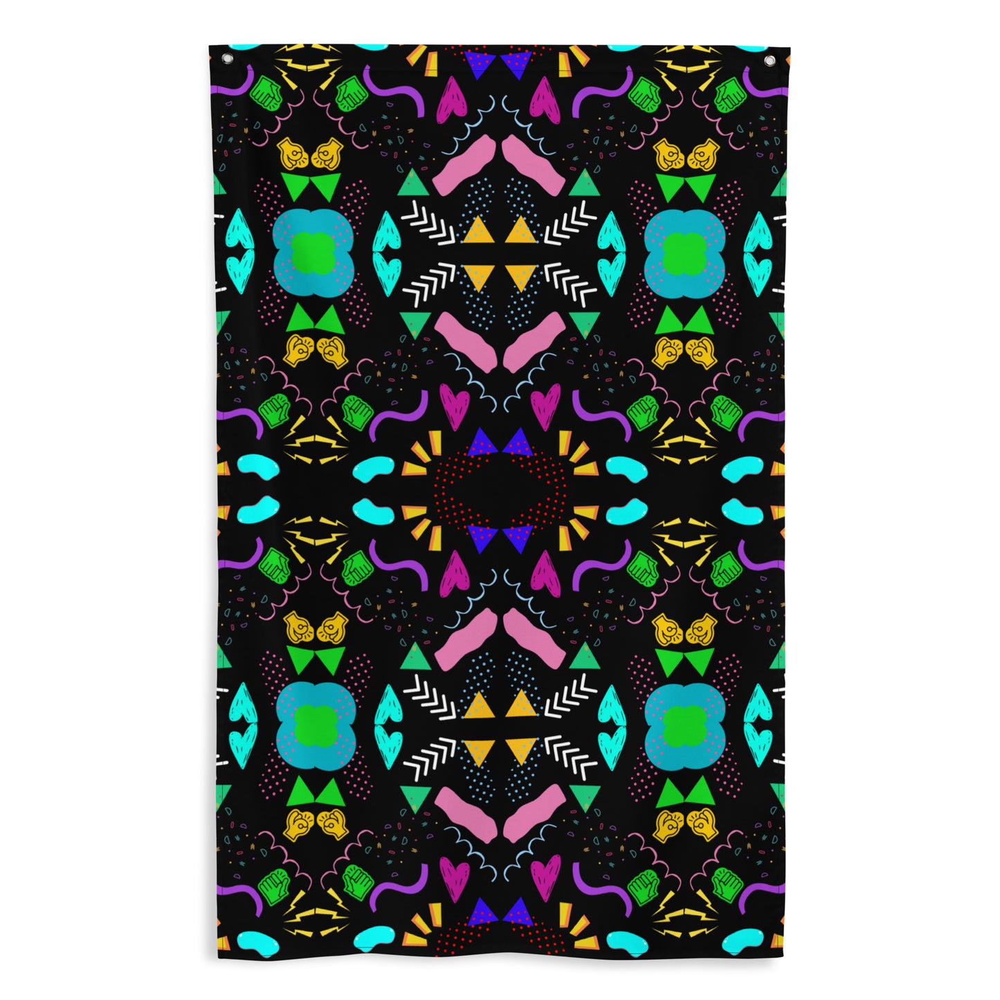 Hipyfi Pop Art Geometric Retro Flag with Colorful Abstract 80s Design on Black Background Front-7