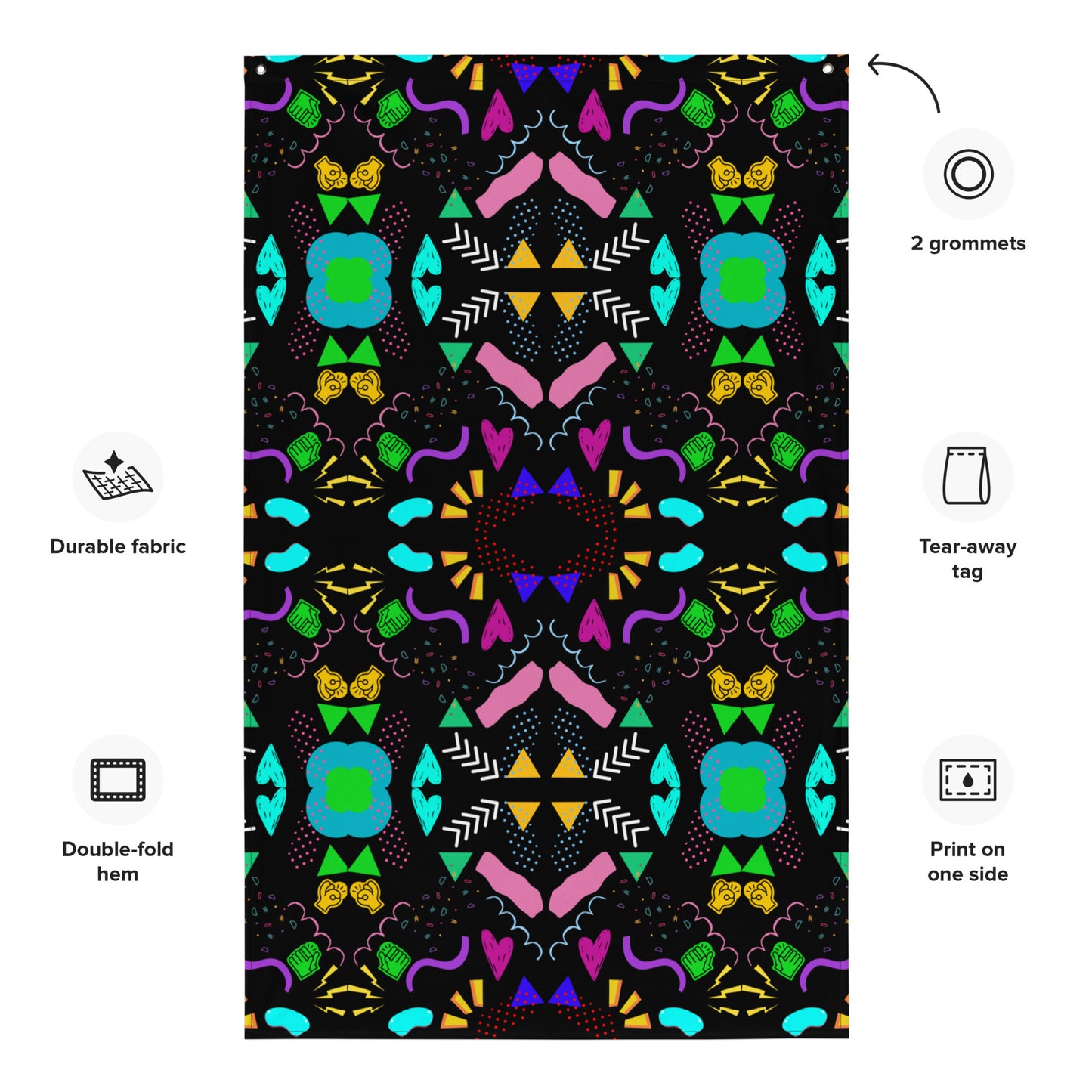 Hipyfi Pop Art Geometric Retro Flag with Colorful Abstract 80s Design on Black Background Product-info
