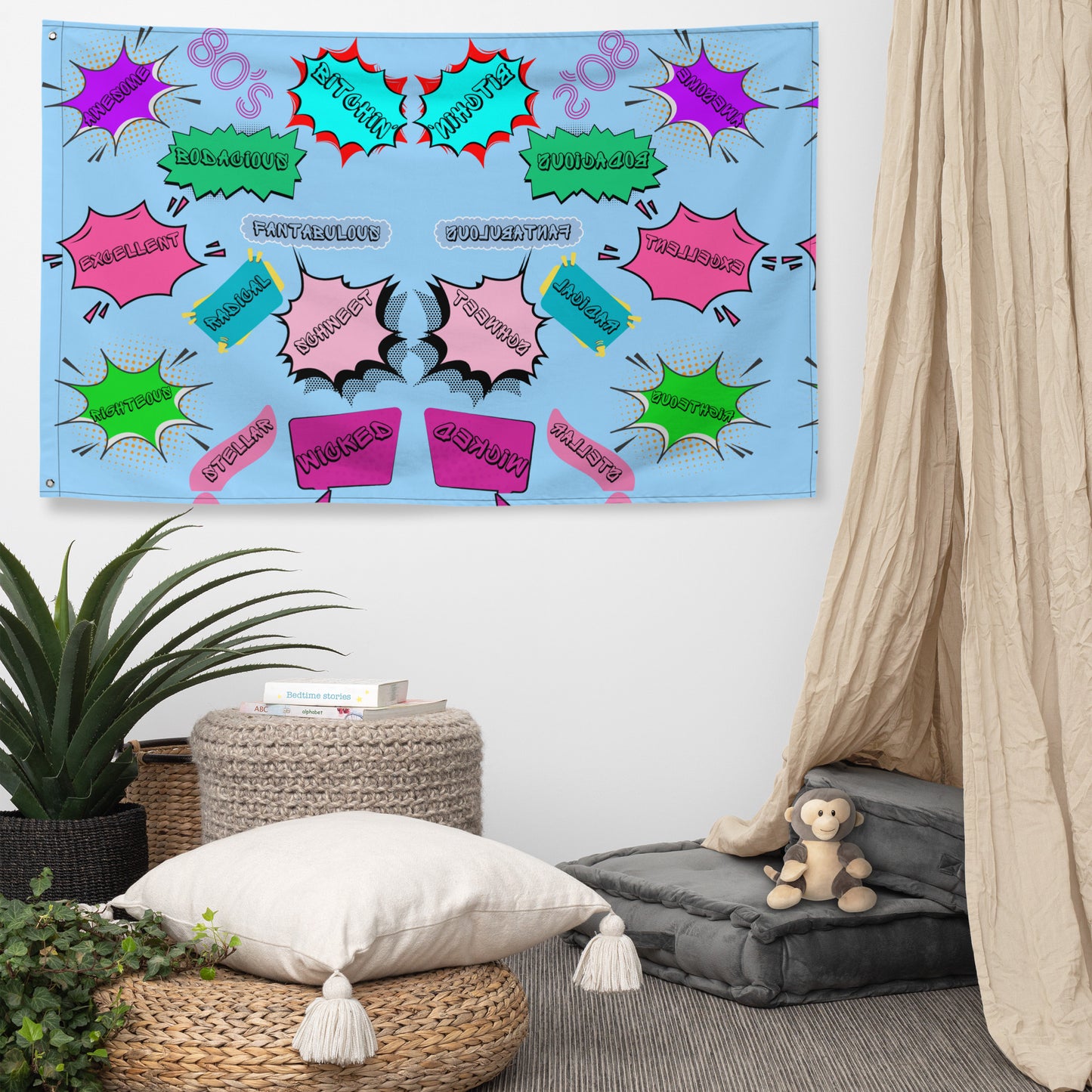 Hipyfi Retro Slang Flag – 1980s Neon Pop Culture Wall Art with Vibrant Comic Style Design Front-6