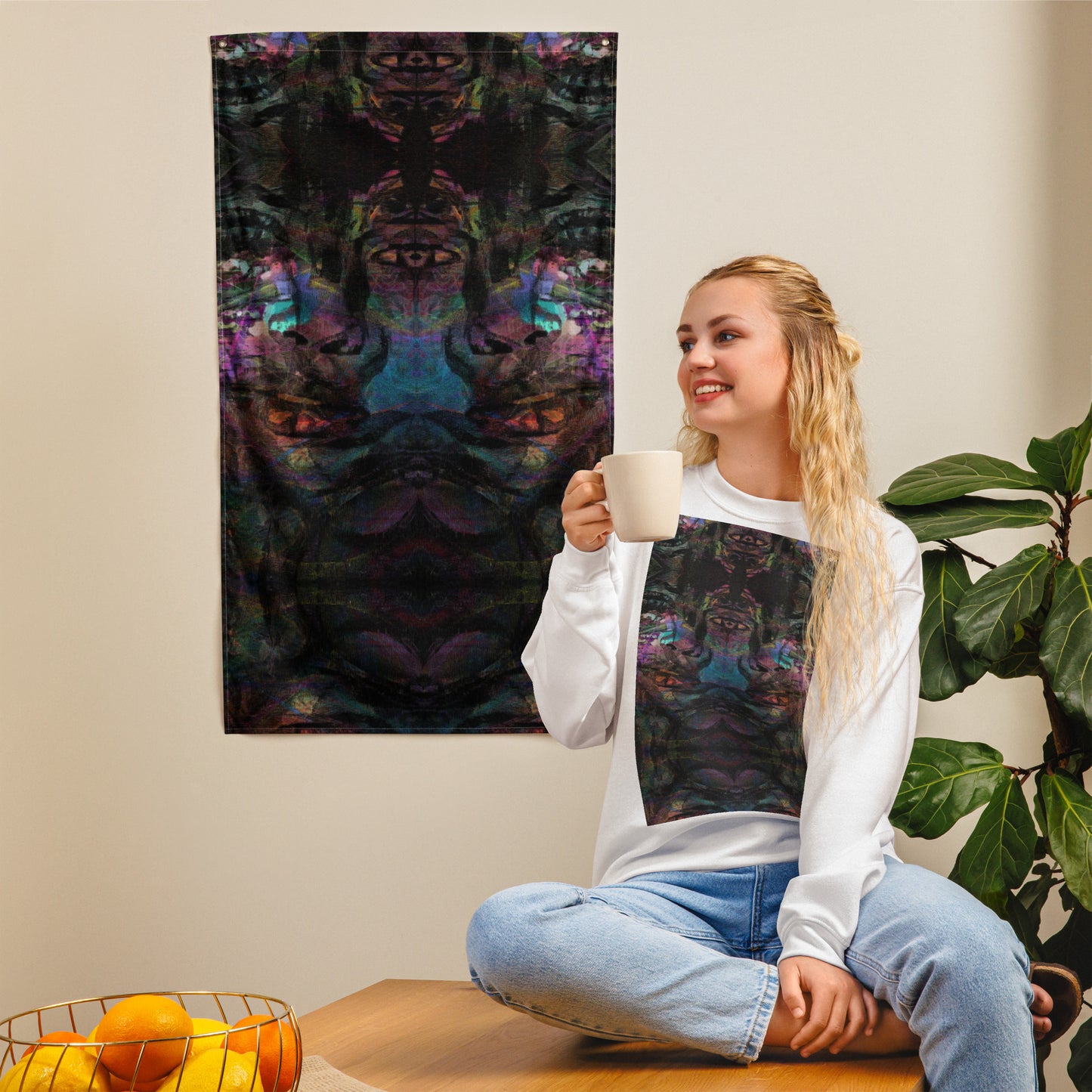 Hipyfi Chromatic Dreams Art Flag: Vibrant abstract wall decor with bold brushstrokes designed for modern interiors or festival spaces. front