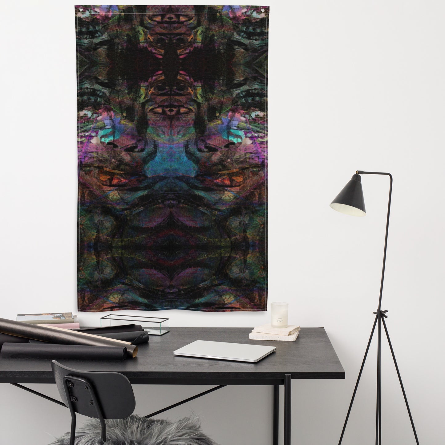 Hipyfi Chromatic Dreams Art Flag: Vibrant abstract wall decor with bold brushstrokes designed for modern interiors or festival spaces. front-7