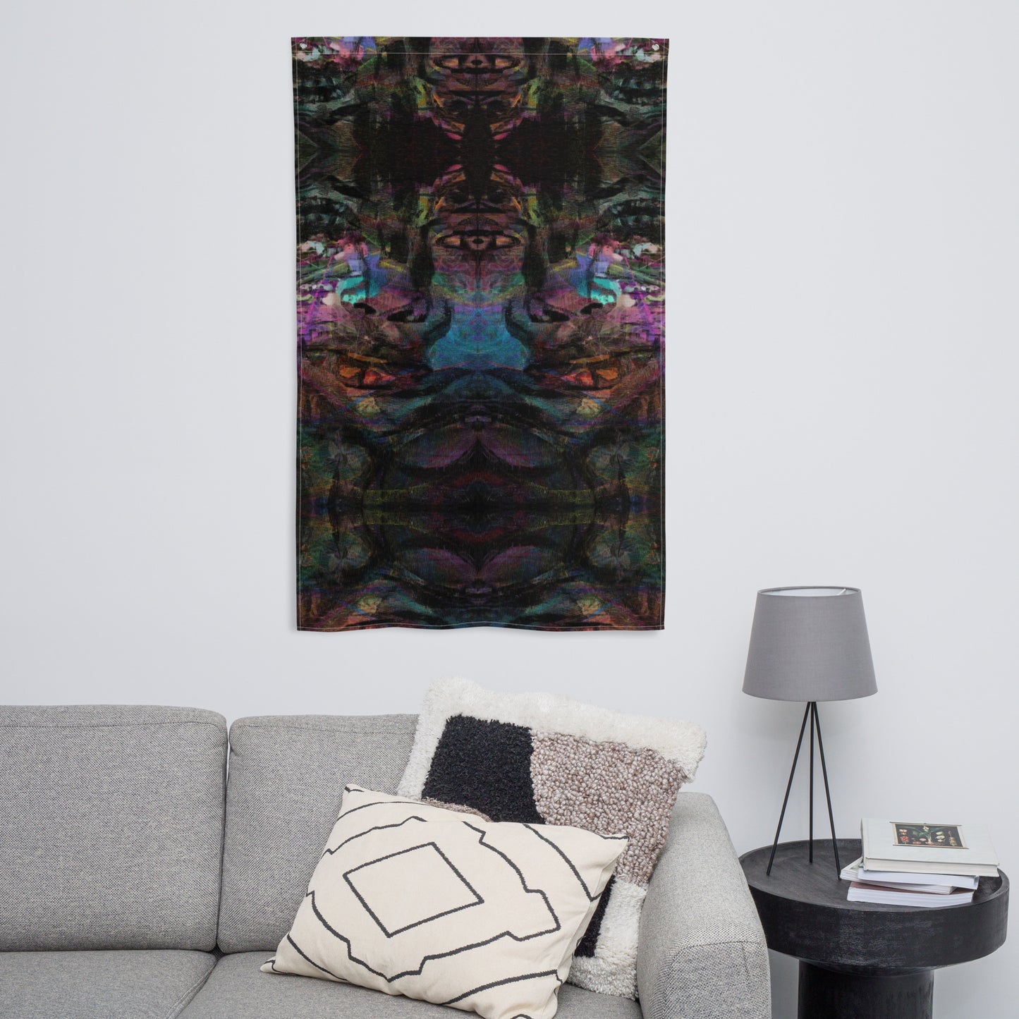 Hipyfi Chromatic Dreams Art Flag: Vibrant abstract wall decor with bold brushstrokes designed for modern interiors or festival spaces. front-9