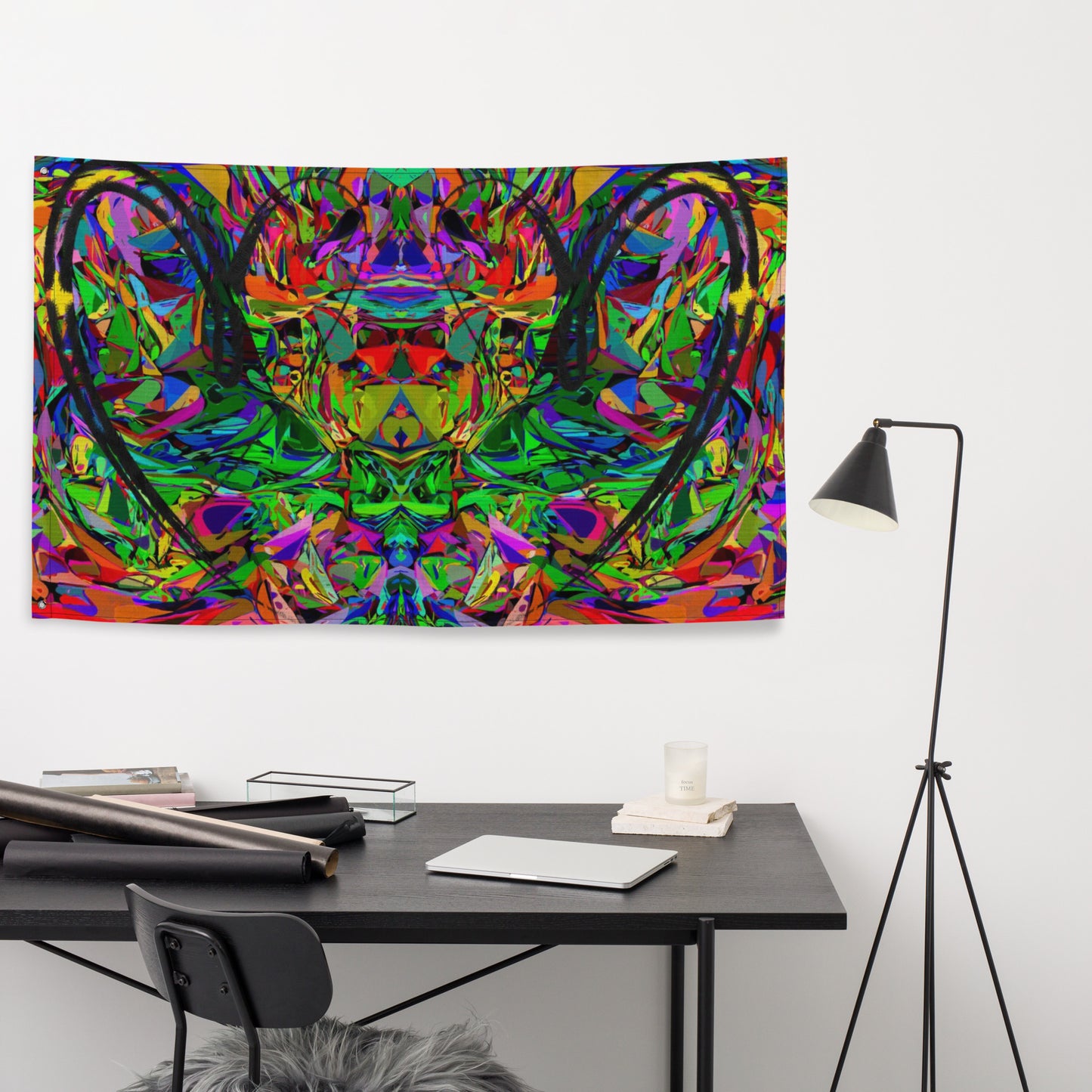 Abstract neon art flag with vibrant jagged shapes and bold black heart brushstroke on polyester fabric by Hipyfi Clothes & Design Front-5