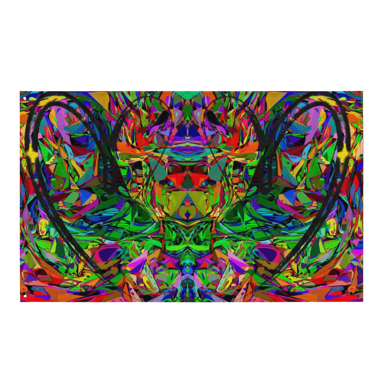 Abstract neon art flag with vibrant jagged shapes and bold black heart brushstroke on polyester fabric by Hipyfi Clothes & Design Front-11