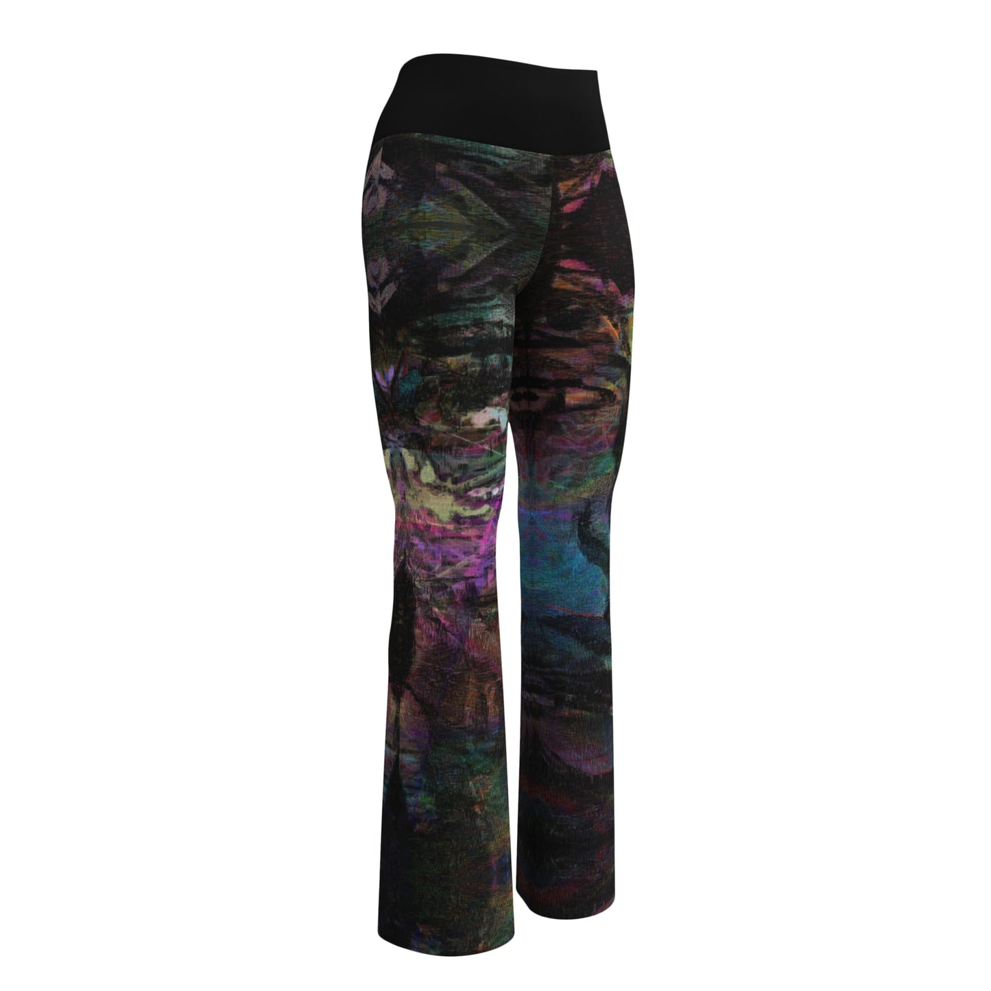 Chromatic Dreams Flare Leggings: high-waisted, vibrant abstract print, recycled fabric. Butt-lifting fit with flared legs and UPF 50+ by Hipyfi. front-5