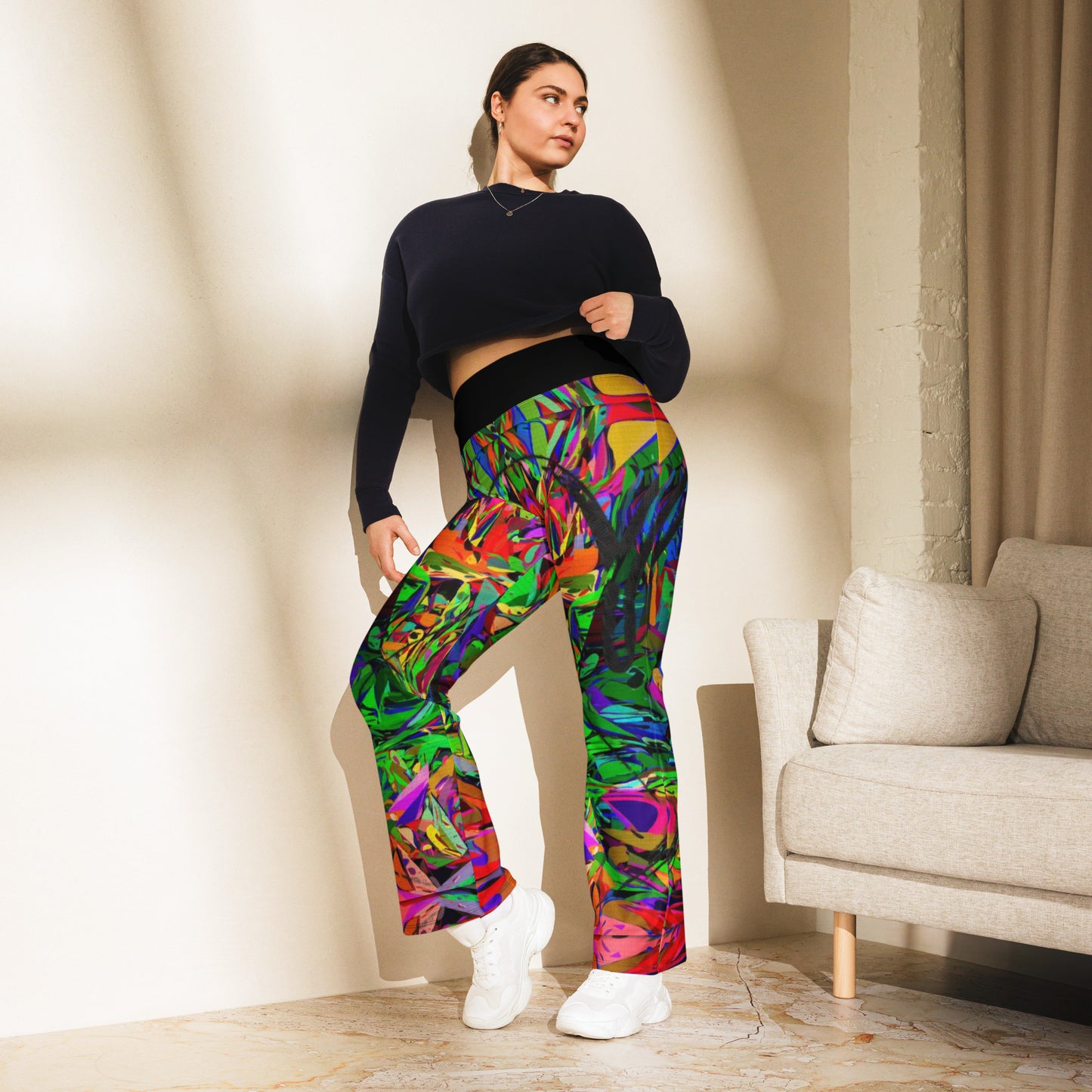 Women’s high waisted abstract flare leggings with colorful neon streetwear print – Hipyfi Neon Mythos design. Front
