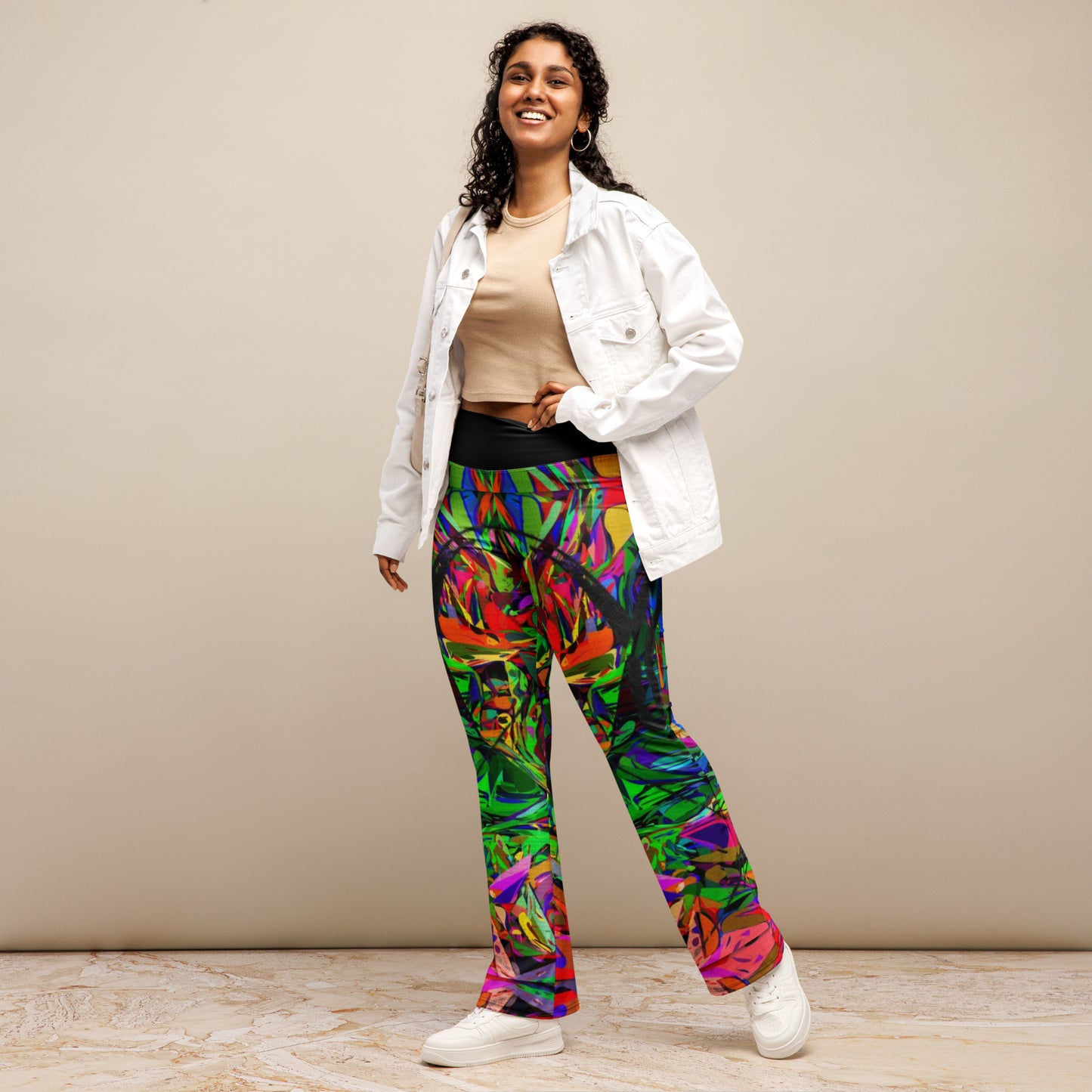 Women’s high waisted abstract flare leggings with colorful neon streetwear print – Hipyfi Neon Mythos design. Front-2