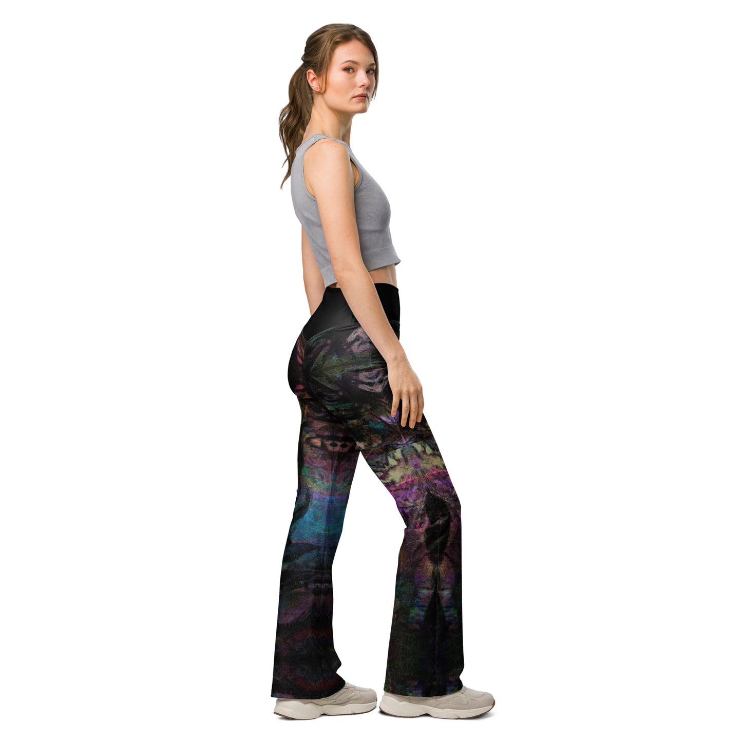 Chromatic Dreams Flare Leggings: high-waisted, vibrant abstract print, recycled fabric. Butt-lifting fit with flared legs and UPF 50+ by Hipyfi. front right-3