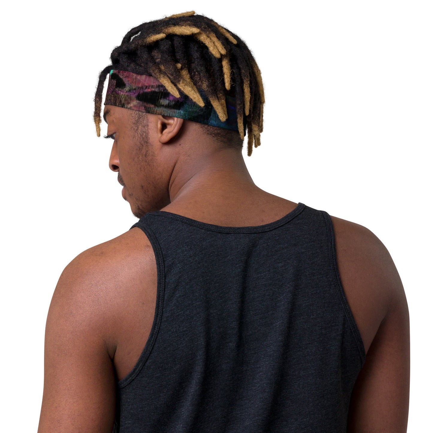 Hipyfi Chromatic Dreams Abstract Art Headband – Bold Colorful Unisex Hair Accessory with UPF 50+ & Eco-Friendly Design men left back