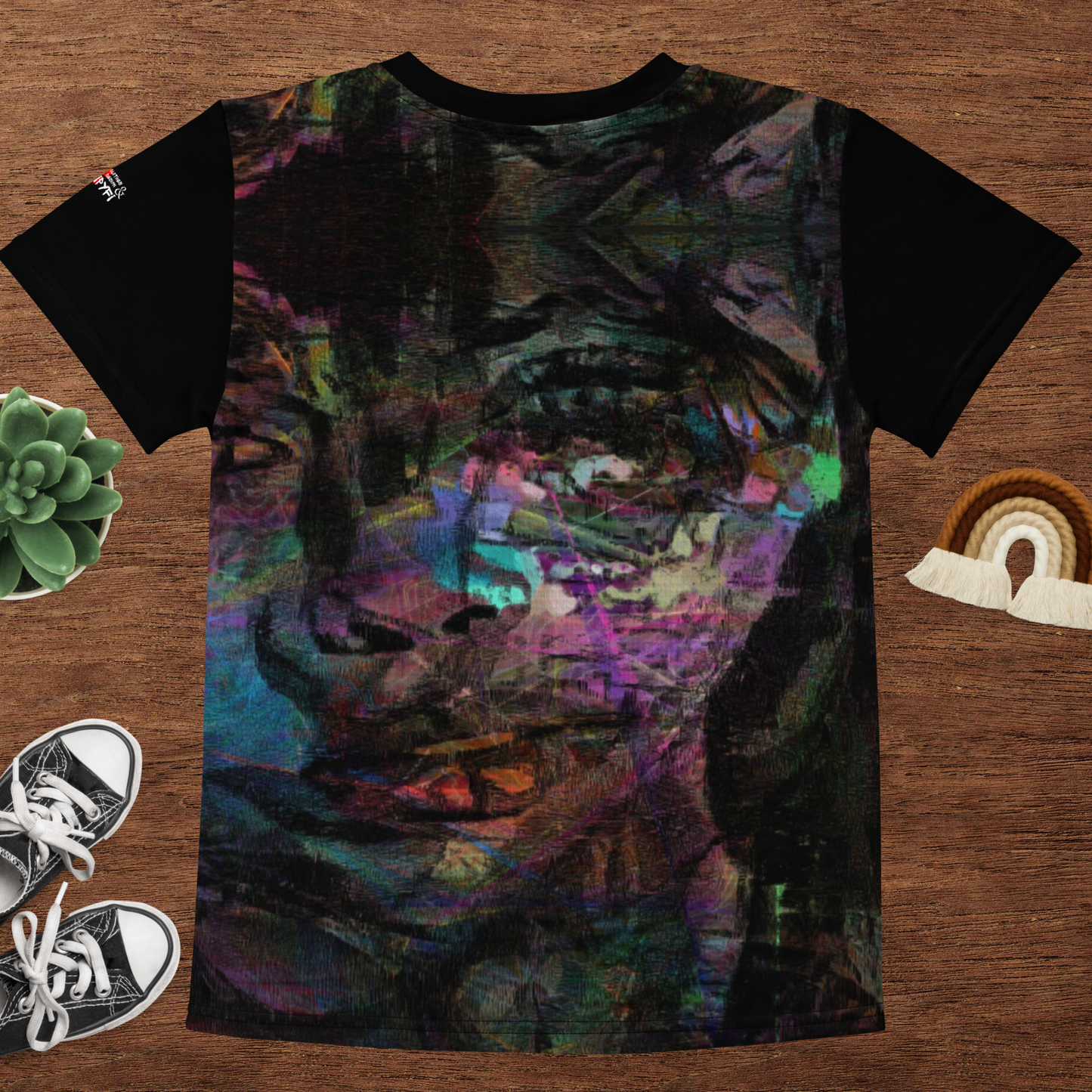 Chromatic Dreams Abstract Kids Graphic Tee with vibrant overlapping brushstrokes. Soft stretchy crew neck for playful comfort. Eco-friendly unisex artwear by Hipyfi Clothes & Design. back