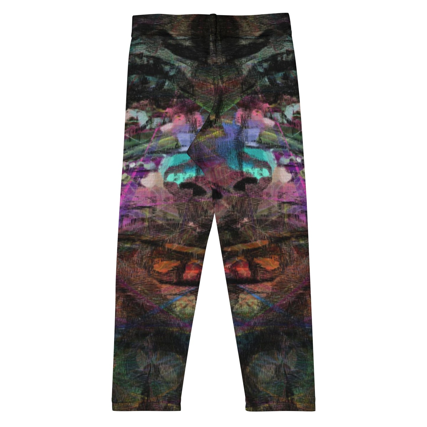 Hipyfi Chromatic Dreams Kids Leggings: Bold abstract modern art print in vibrant purple, blue, and orange with UPF 50+ sun protection. back-2
