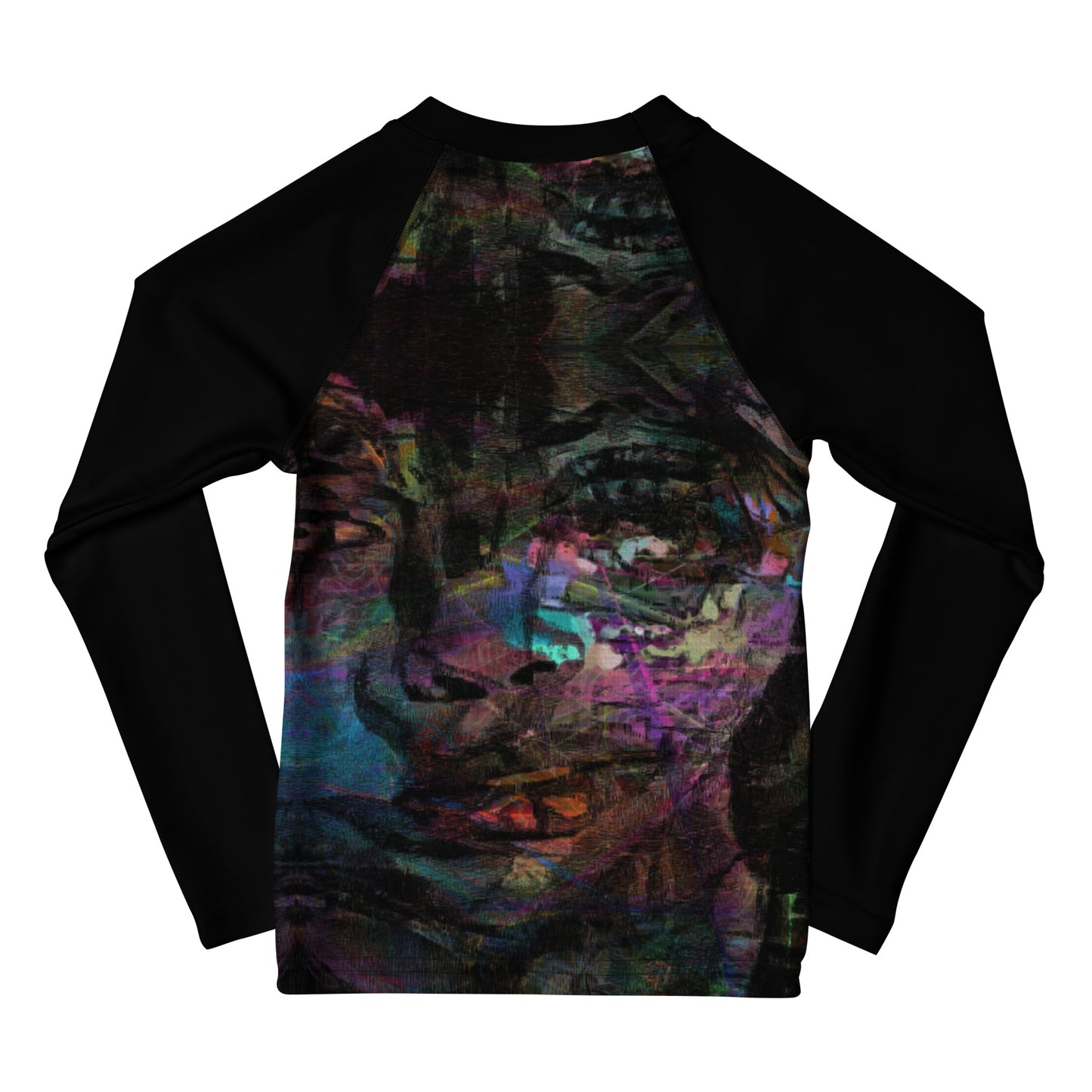 Vibrant abstract art kids rash guard with UPF 50+ sun protection, gender-neutral design by Hipyfi Clothes & Design. back-2