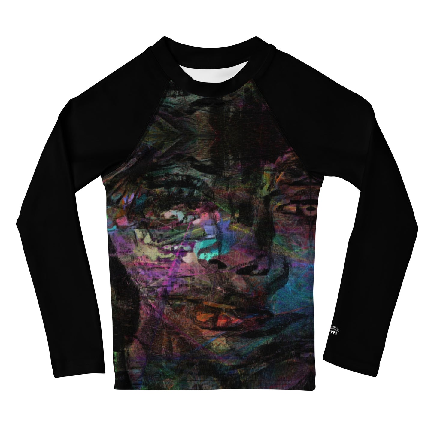 Vibrant abstract art kids rash guard with UPF 50+ sun protection, gender-neutral design by Hipyfi Clothes & Design. front-2