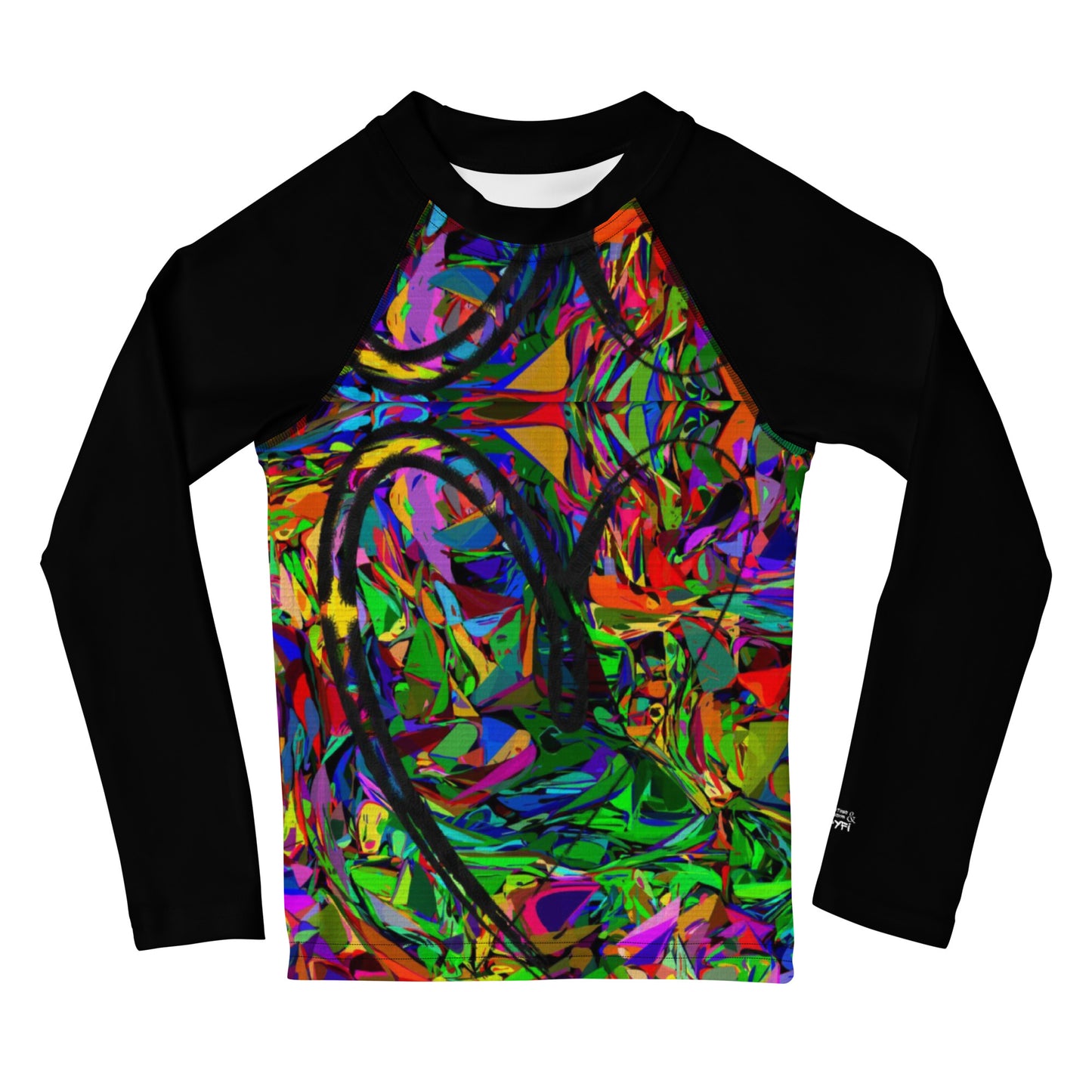 Colorful abstract art kids rash guard with neon brushstroke pattern, UPF 50+ sun protection, by Hipyfi Clothes & Design Front-2