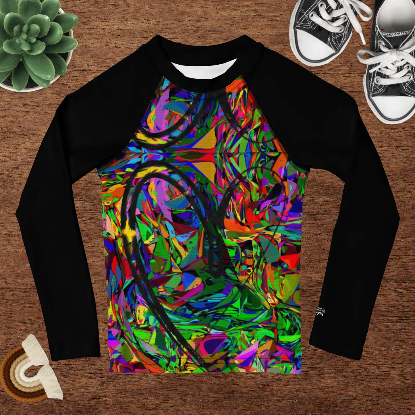 Colorful abstract art kids rash guard with neon brushstroke pattern, UPF 50+ sun protection, by Hipyfi Clothes & Design Front