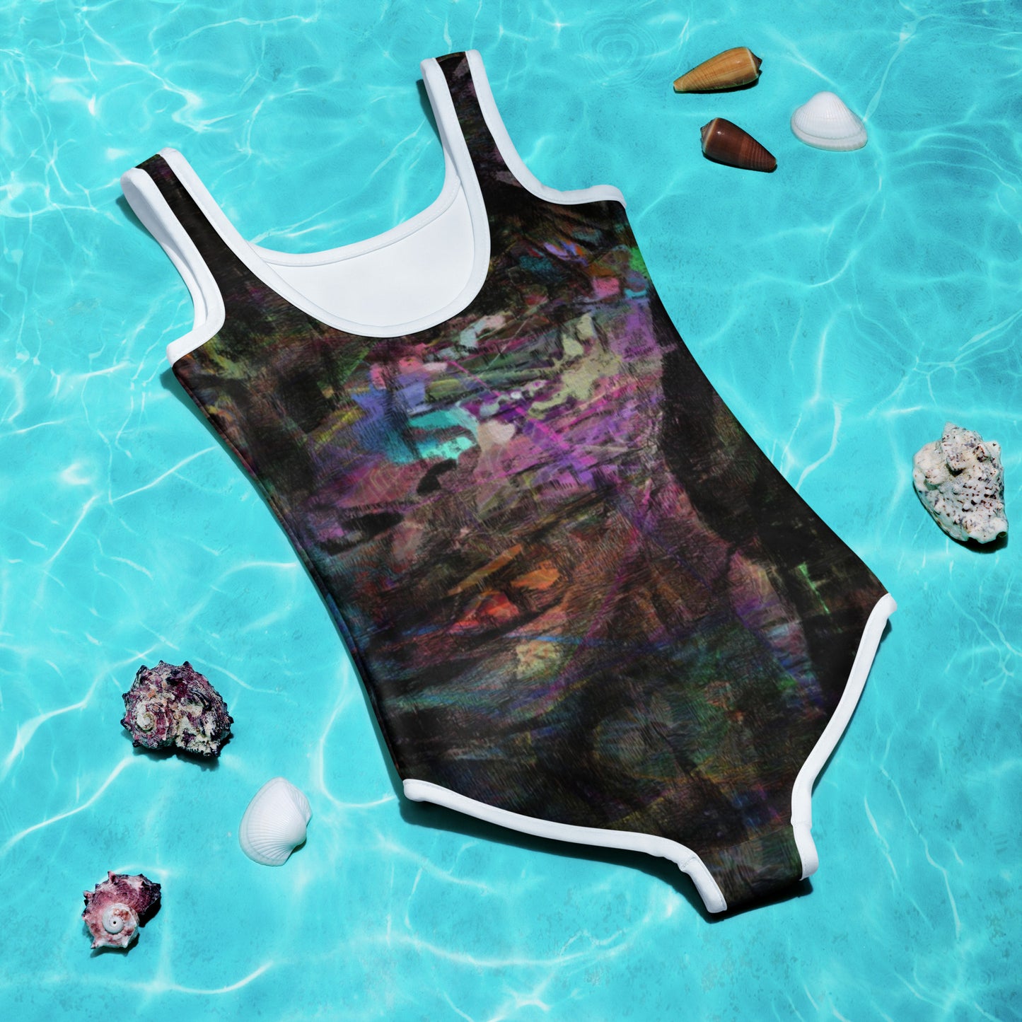 Hipyfi Chromatic Dreams Kids Swimsuit with vibrant abstract art print in purple, blue, and orange. UPF 50+ swimwear. back-2