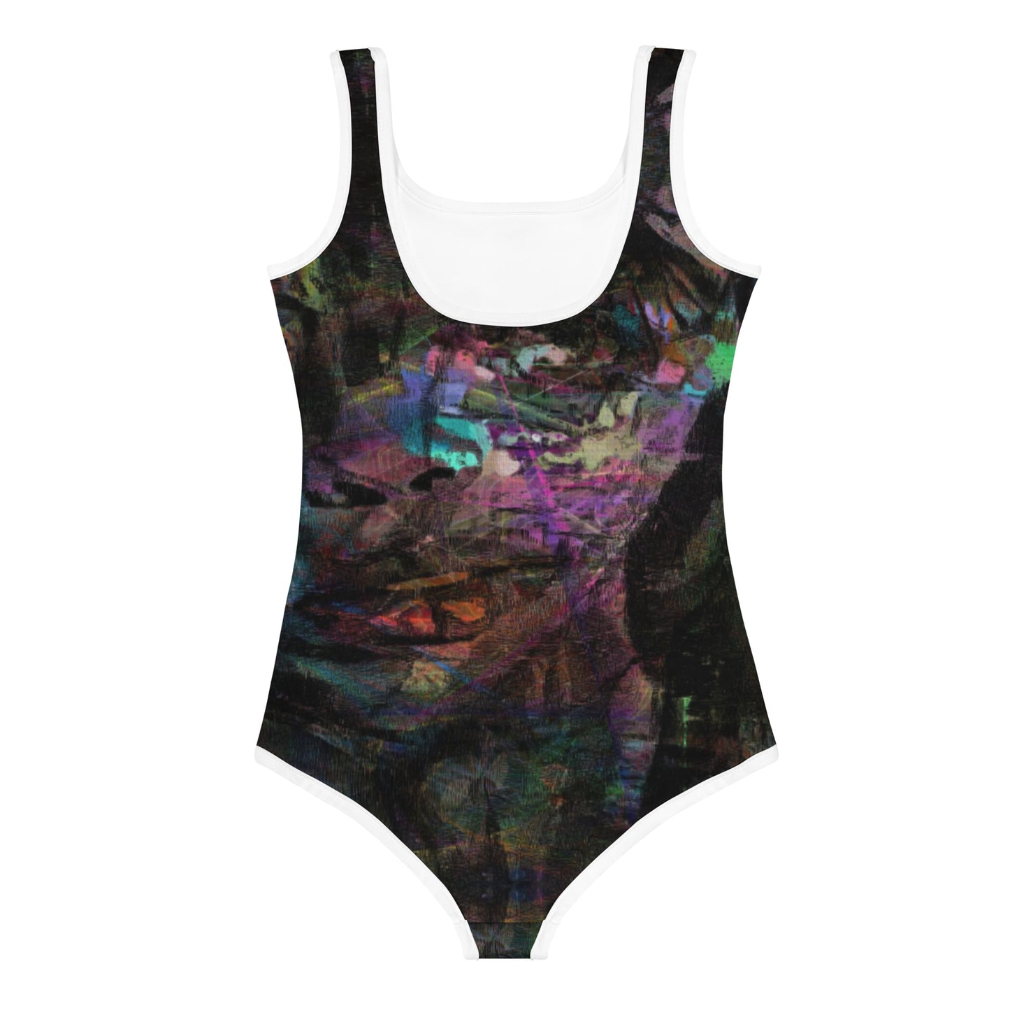 Hipyfi Chromatic Dreams Kids Swimsuit with vibrant abstract art print in purple, blue, and orange. UPF 50+ swimwear. back-3