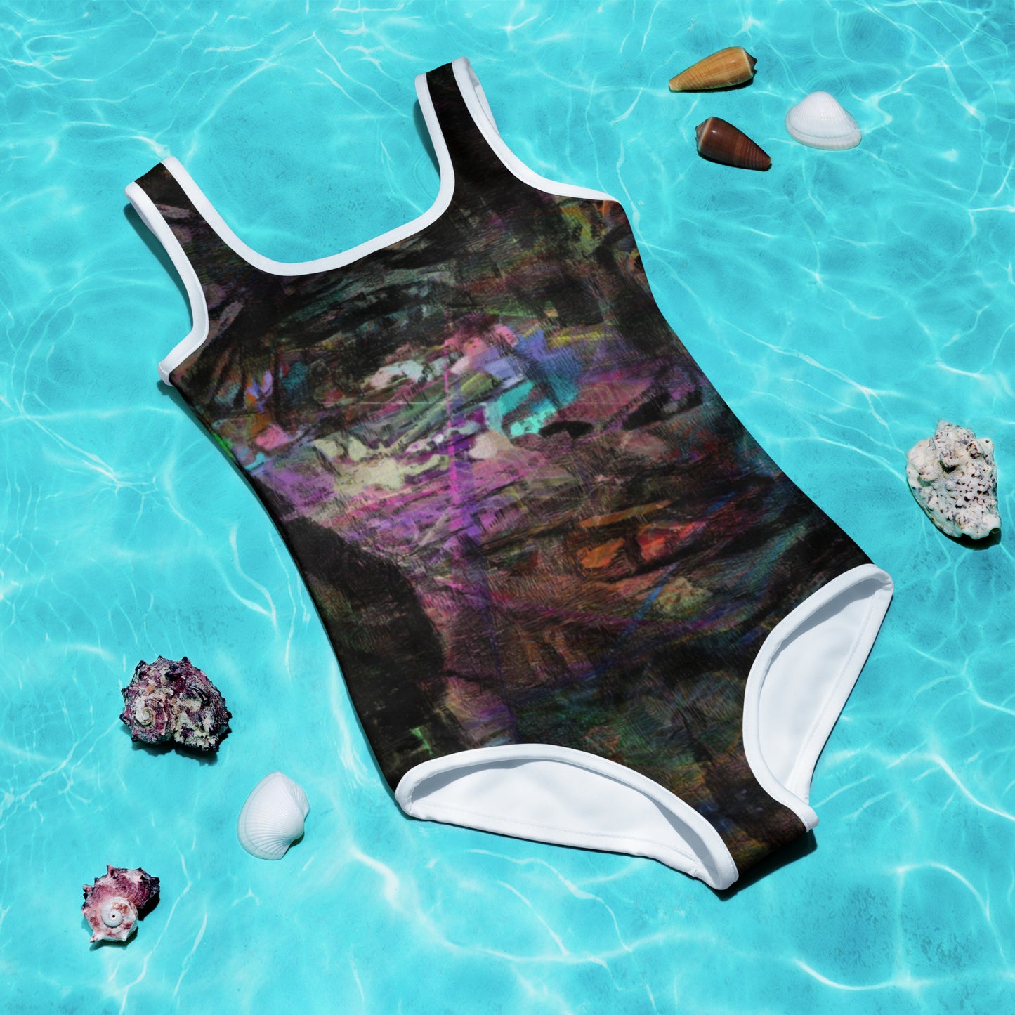 Hipyfi Chromatic Dreams Kids Swimsuit with vibrant abstract art print in purple, blue, and orange. UPF 50+ swimwear. front-2