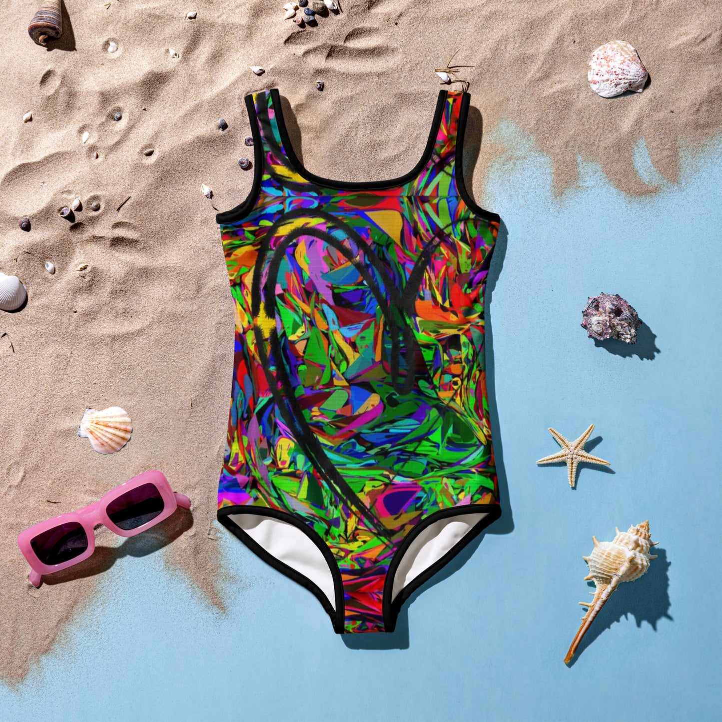 Girls abstract print one-piece swimsuit with vibrant neon colors and artistic design by Hipyfi Clothes & Design Front-2
