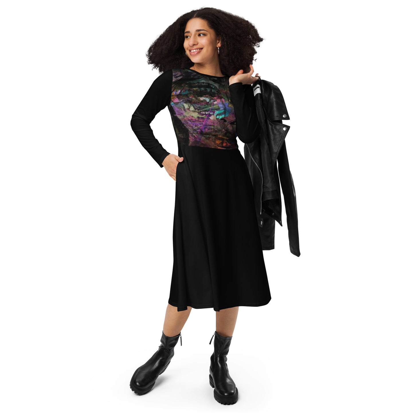 Chromatic Dreams Long Sleeve Midi Dress by Hipyfi: Modern art-inspired design for women seeking bold, eco-friendly fashion. front