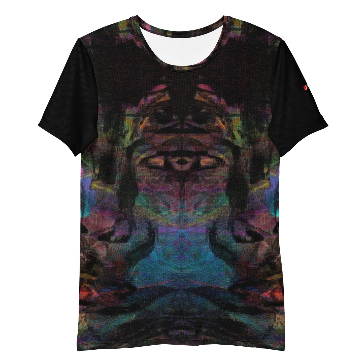 Hipyfi Men's Chromatic Dreams Athletic Tee: Bold abstract design on moisture-wicking performance fabric for gym or streetwear. Front-3