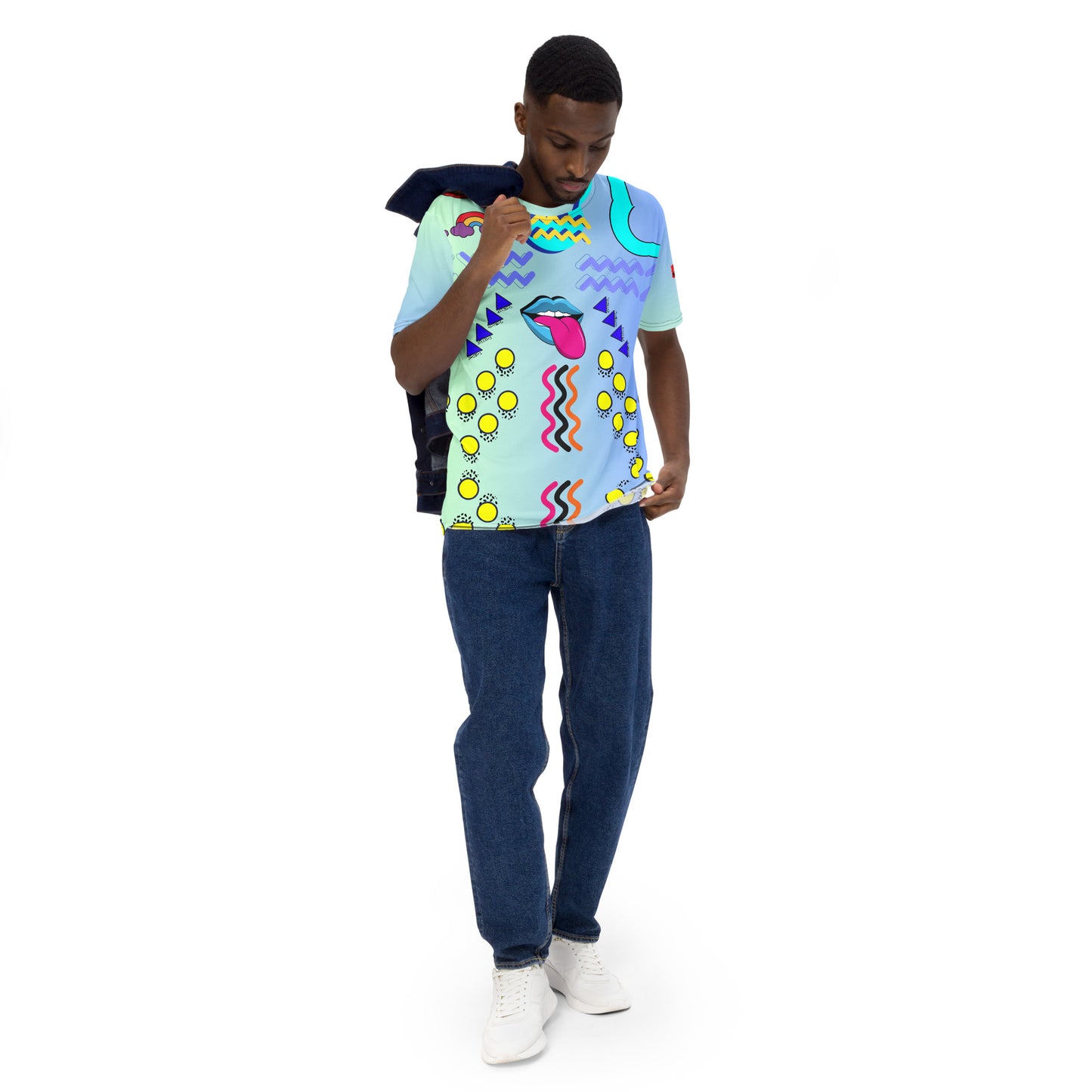 Hipyfi Men’s Retro Pop Art Crew Neck T-Shirt featuring bold Memphis design and cyan pop art graphics Front-3
