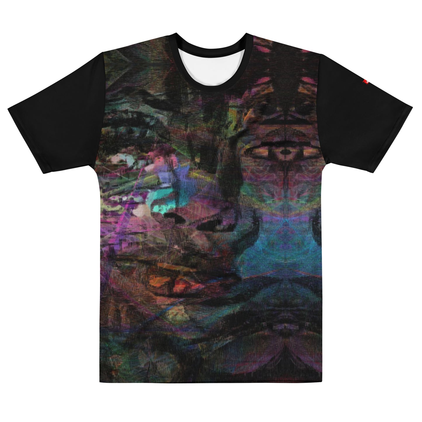 Men's crew neck tee with vibrant abstract art design, bold brushstrokes in purple, blue, and orange – modern colorful graphic t-shirt for men. Front-3