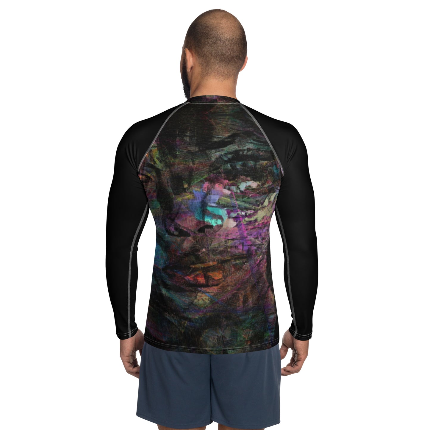 Hipyfi Men’s Graphic Rash Guard with bold abstract brushstroke art in vibrant colors for surfing, swimming, and fitness. Back-3