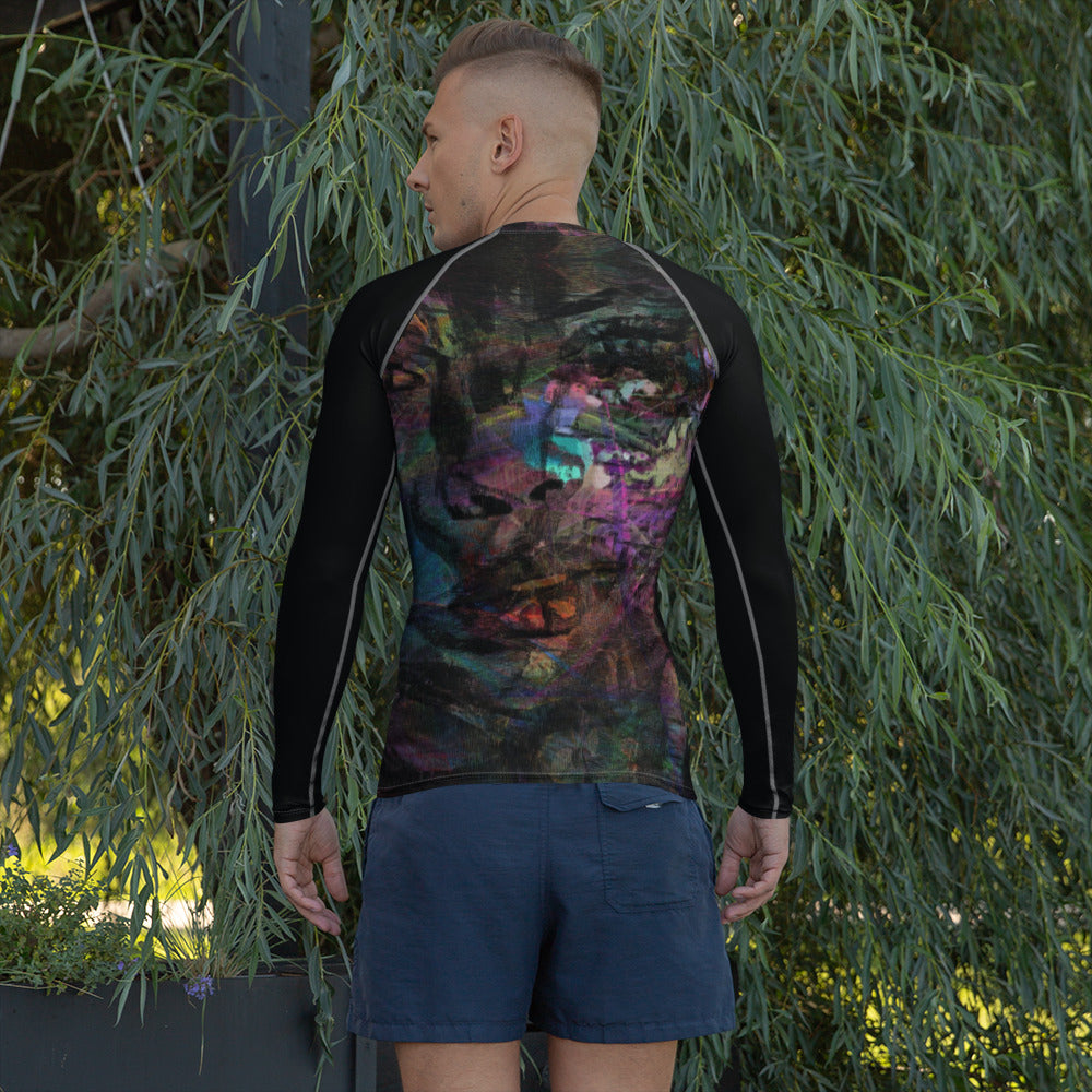 Hipyfi Men’s Graphic Rash Guard with bold abstract brushstroke art in vibrant colors for surfing, swimming, and fitness. Back
