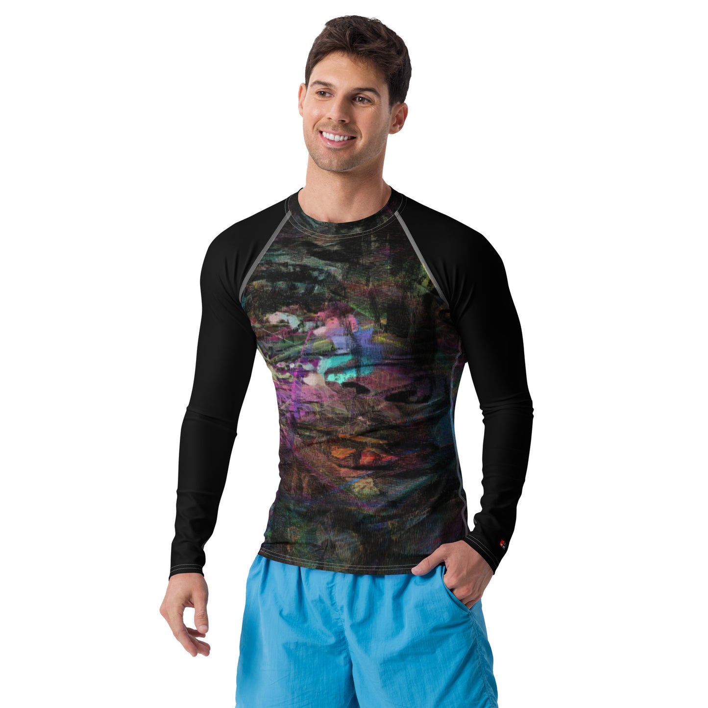 Hipyfi Men’s Graphic Rash Guard with bold abstract brushstroke art in vibrant colors for surfing, swimming, and fitness. Front-4