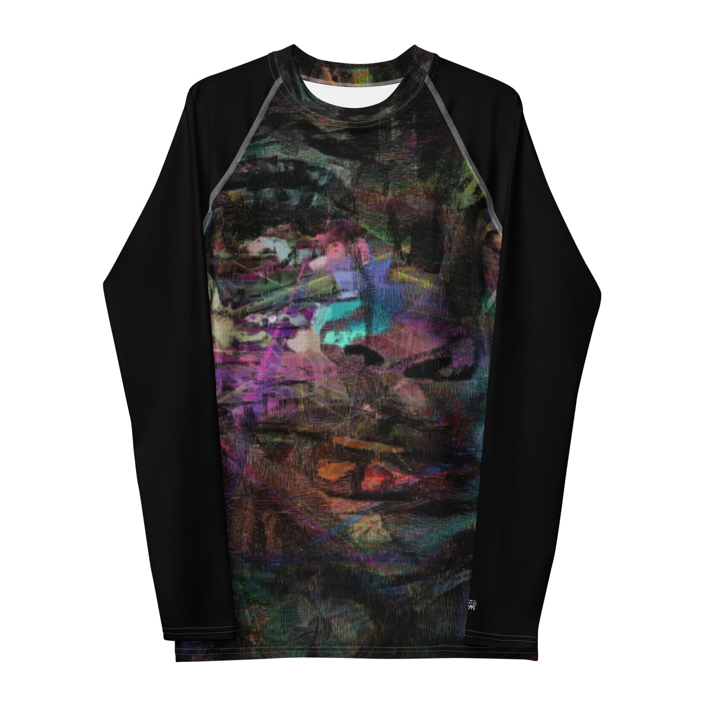 Hipyfi Men’s Graphic Rash Guard with bold abstract brushstroke art in vibrant colors for surfing, swimming, and fitness. Front-5