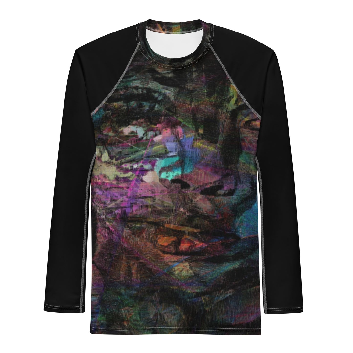 Hipyfi Men’s Graphic Rash Guard with bold abstract brushstroke art in vibrant colors for surfing, swimming, and fitness. Front-6
