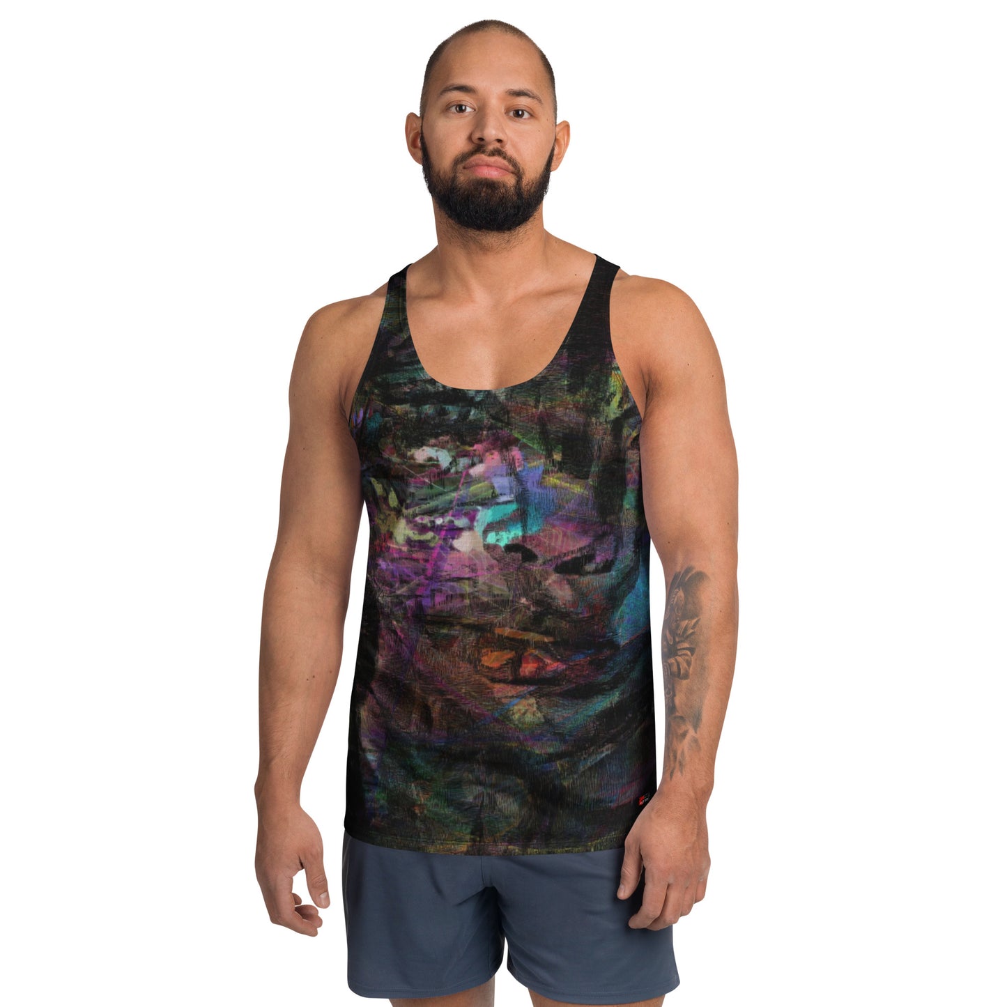 Hipyfi Chromatic Dreams Men's Tank Top featuring bold colors and dynamic brushstroke patterns, blending style and modern fashion. Front-2