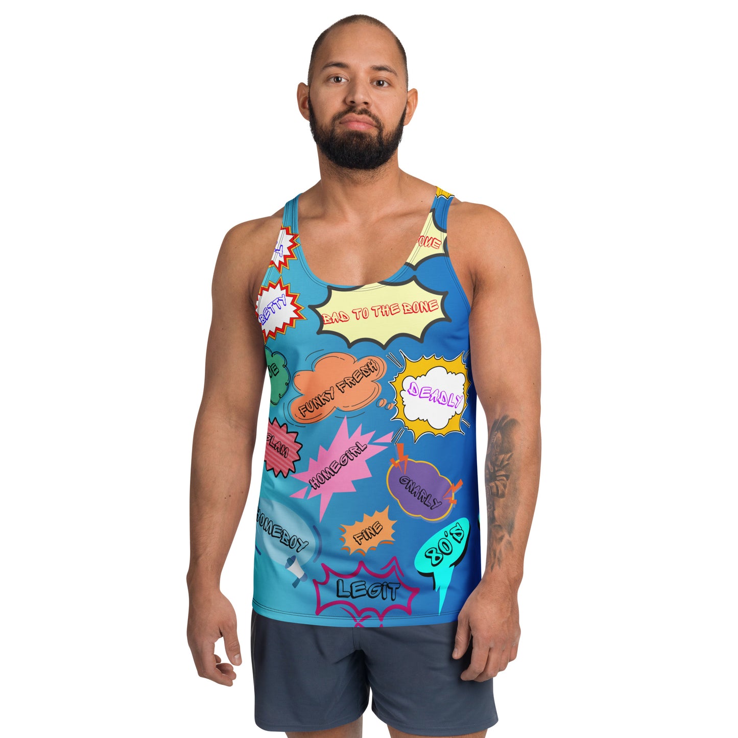 80s Pop Slang Men's Tank Top – Retro comic-style graphic sleeveless shirt by Hipyfi Clothes & Design. Front-2