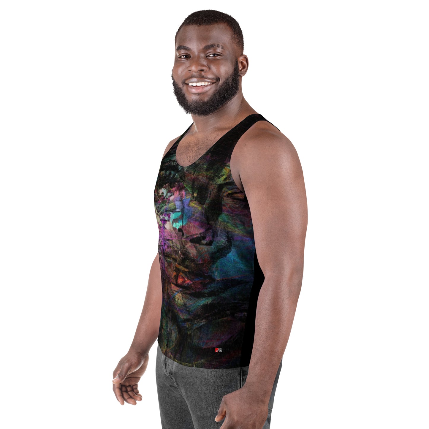 Hipyfi Chromatic Dreams Men's Tank Top featuring bold colors and dynamic brushstroke patterns, blending style and modern fashion. Left-front-3