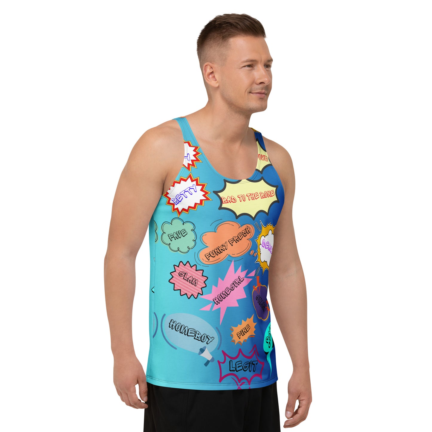 80s Pop Slang Men's Tank Top – Retro comic-style graphic sleeveless shirt by Hipyfi Clothes & Design. Right-Front-3