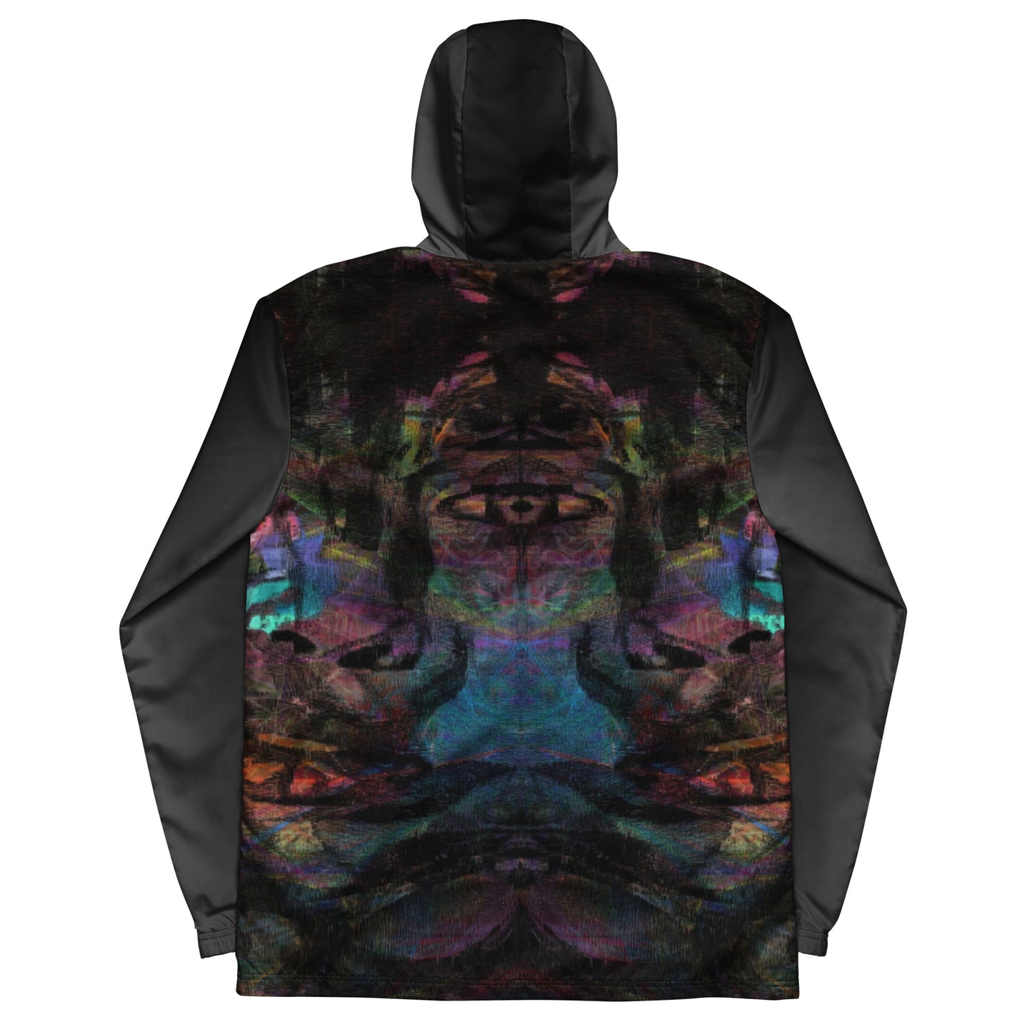 Hipyfi Chromatic Dreams Men’s Windbreaker: Bold abstract art jacket. Water-resistant, breathable streetwear for urban style. black-back-6