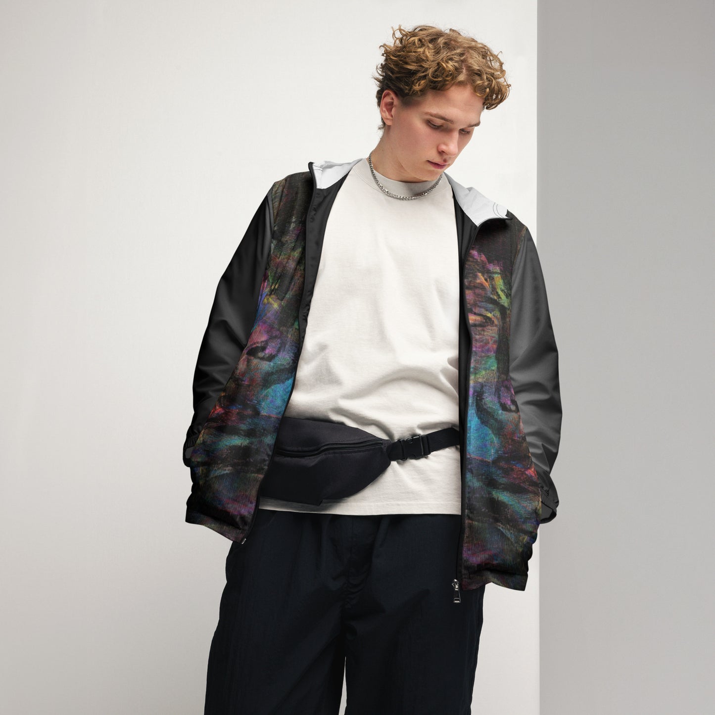 Hipyfi Chromatic Dreams Men’s Windbreaker: Bold abstract art jacket. Water-resistant, breathable streetwear for urban style. black-front-2