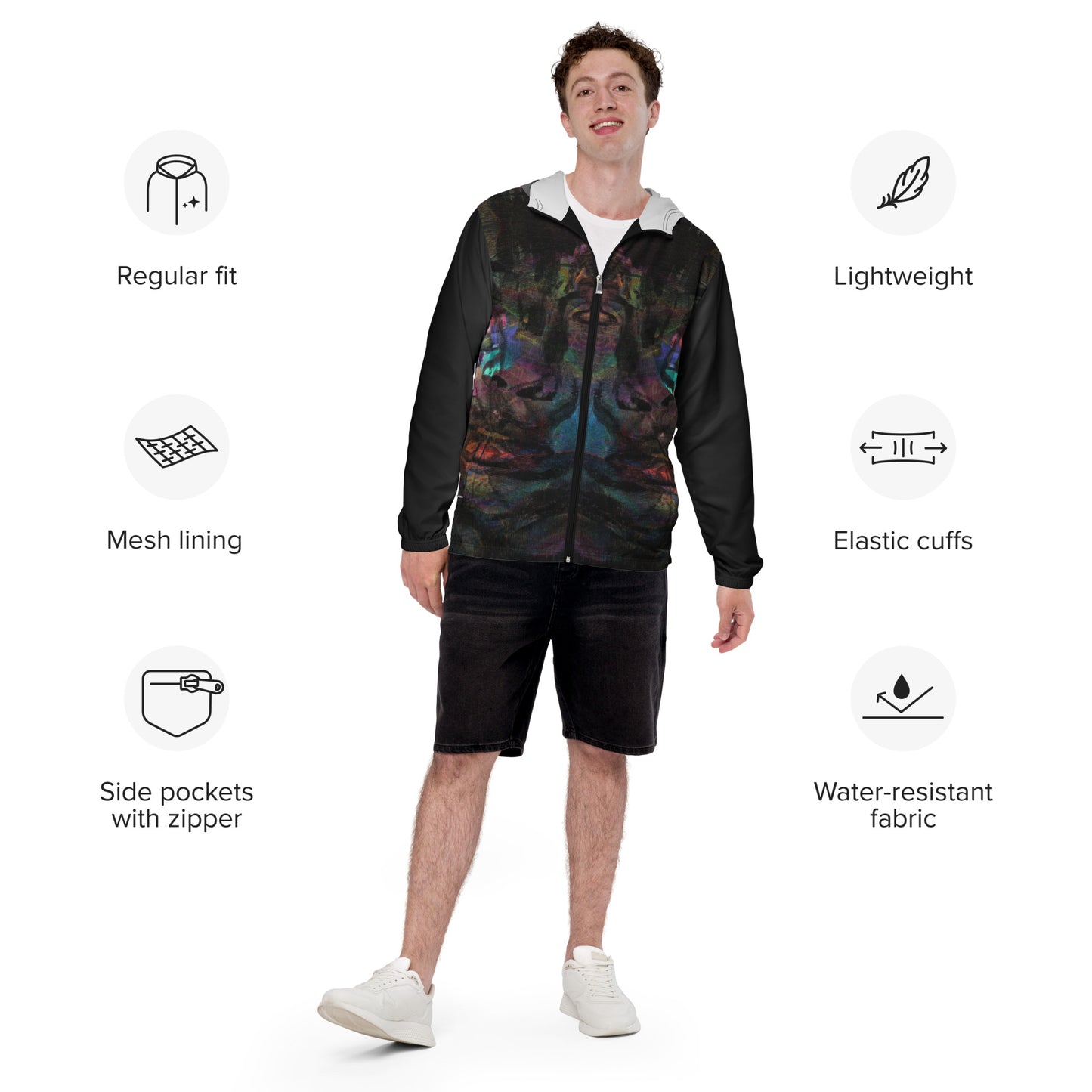 Hipyfi Chromatic Dreams Men’s Windbreaker: Bold abstract art jacket. Water-resistant, breathable streetwear for urban style. Product-info