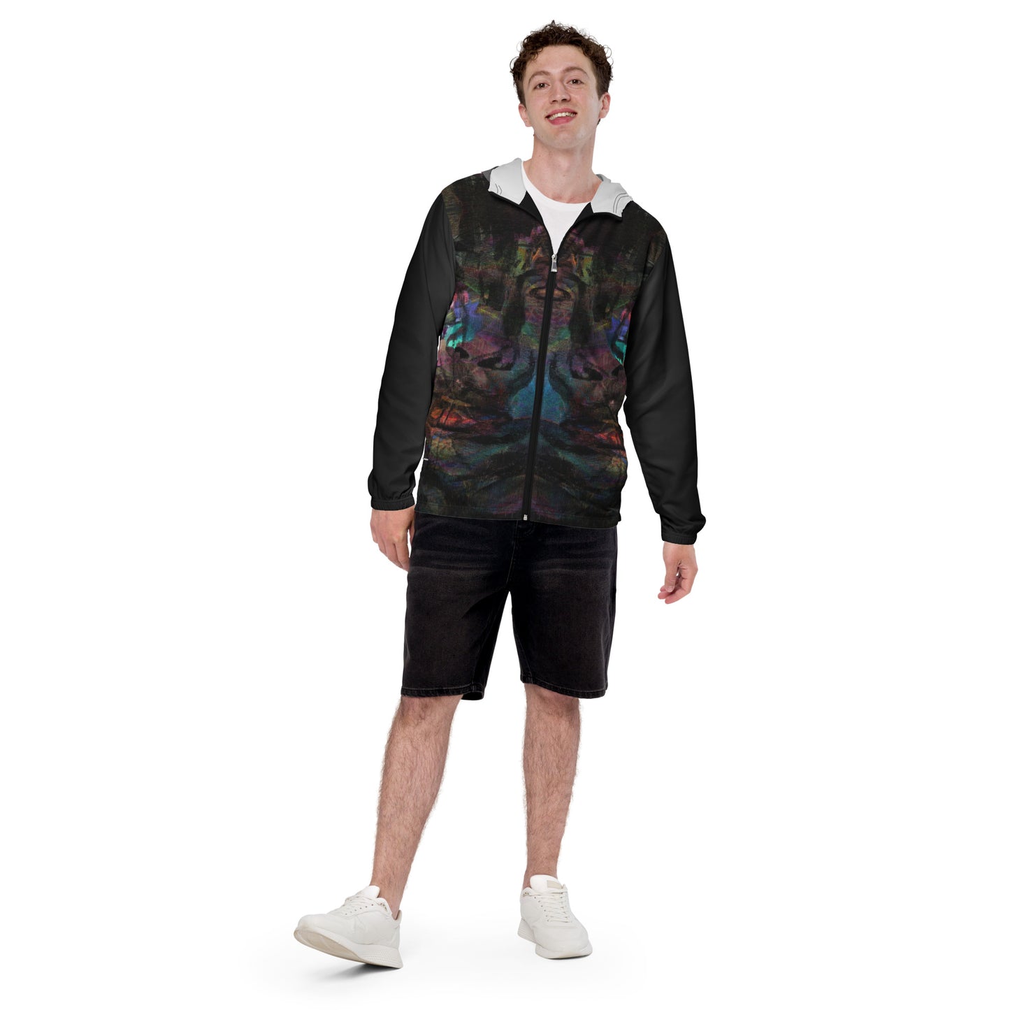 Hipyfi Chromatic Dreams Men’s Windbreaker: Bold abstract art jacket. Water-resistant, breathable streetwear for urban style. black-front-4