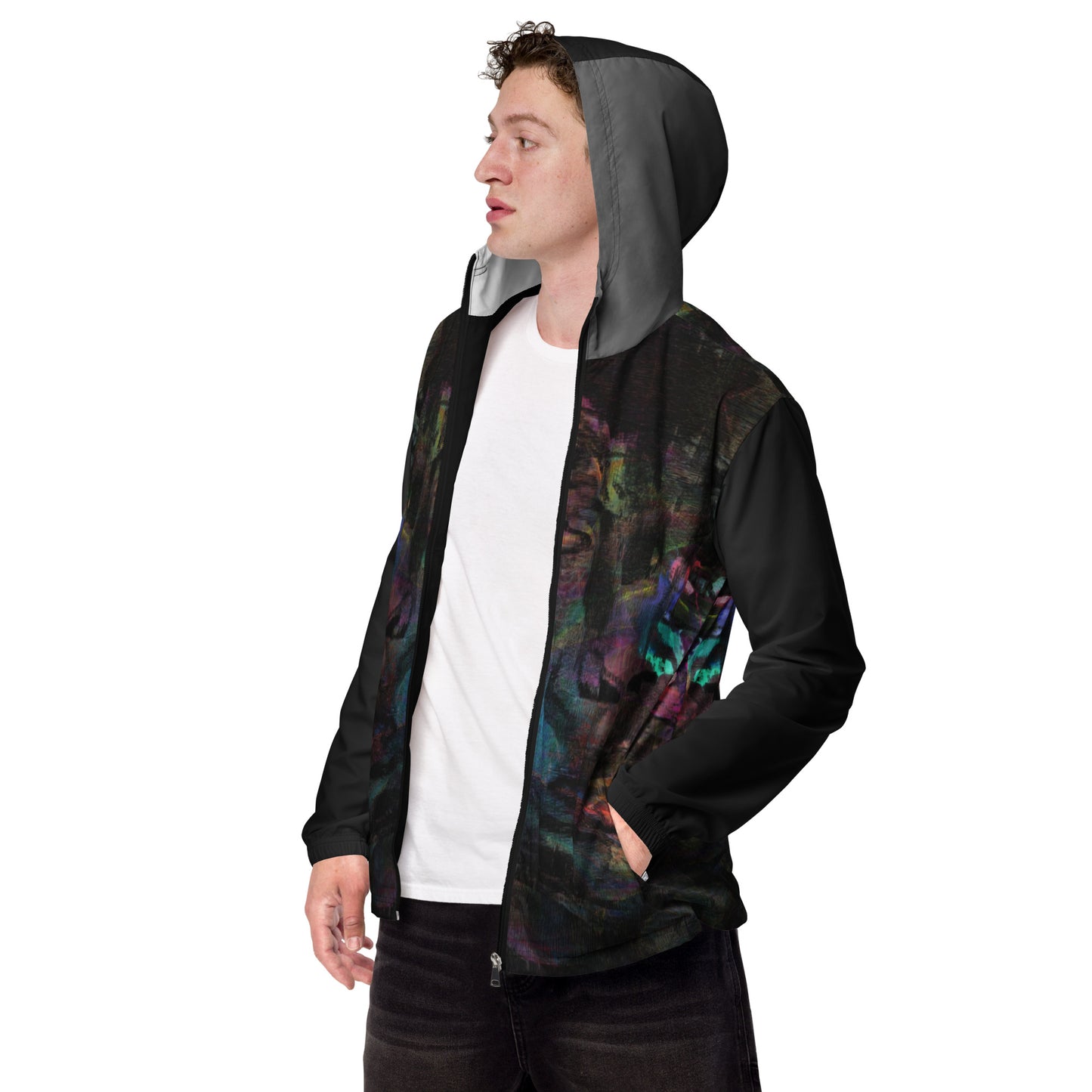 Hipyfi Chromatic Dreams Men’s Windbreaker: Bold abstract art jacket. Water-resistant, breathable streetwear for urban style. black-left-front