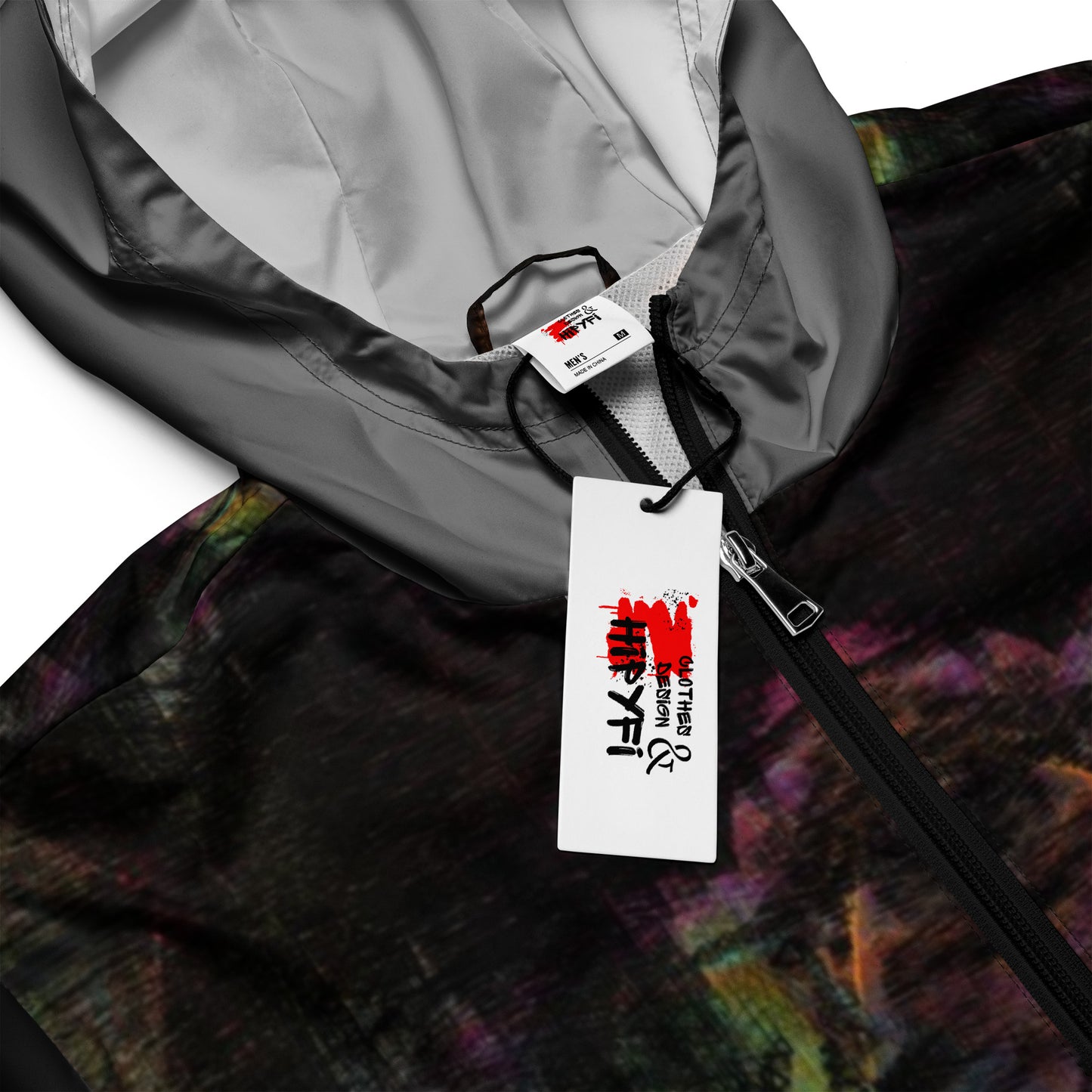 Hipyfi Chromatic Dreams Men’s Windbreaker: Bold abstract art jacket. Water-resistant, breathable streetwear for urban style. black-product-details