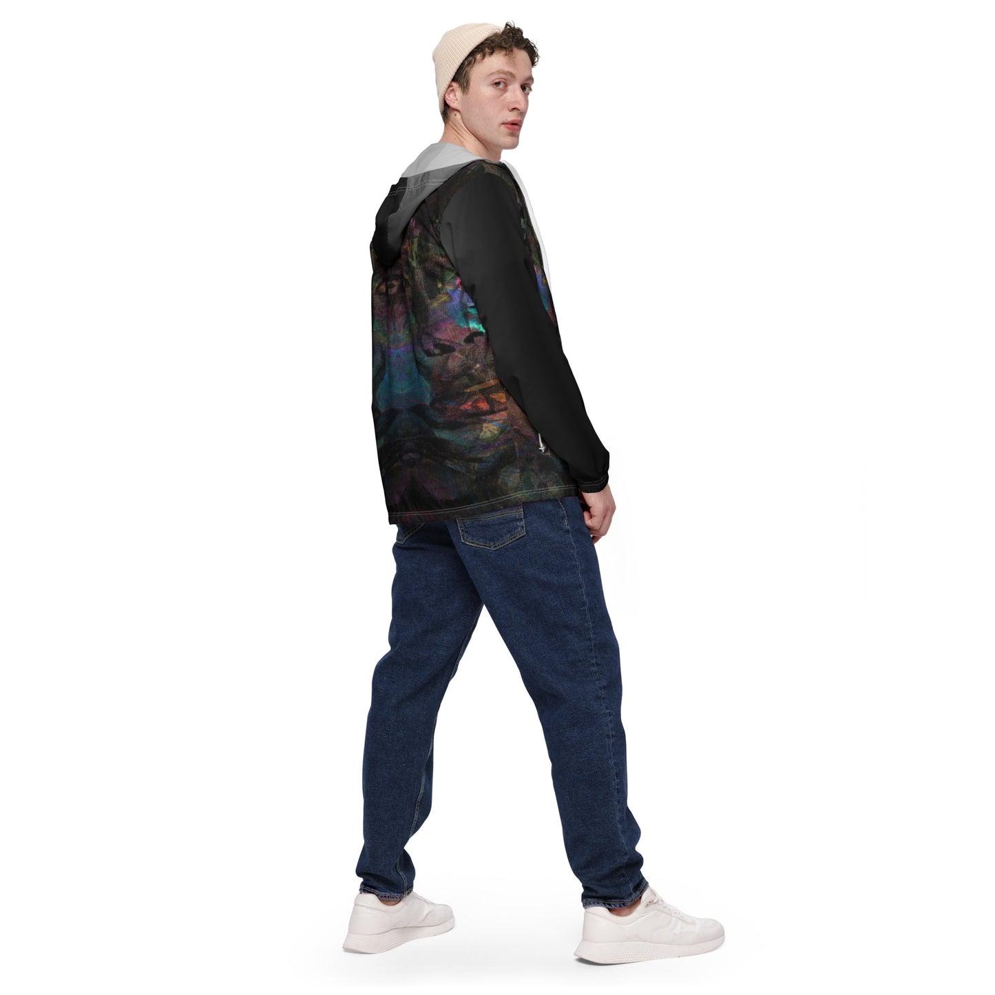 Hipyfi Chromatic Dreams Men’s Windbreaker: Bold abstract art jacket. Water-resistant, breathable streetwear for urban style. white-back